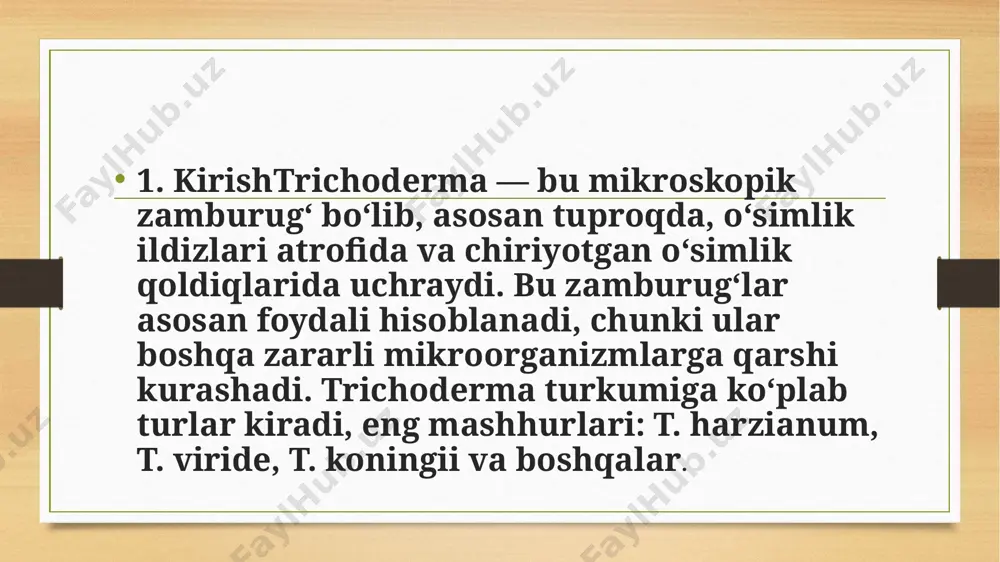 nazorat vositasi: trichoderma, o‘simliklarning kasalliklaridan himoya qilishda biofungitsid sifatida ishlatiladi. u o‘simliklarni biologik tarzda himoya qiladi va kimyoviy pestitsidlar iste'mol qilmasdan samarali himoya tizimini yaratadi. e’ tiboringiz uchun raxmat image5.png image6.png image7.png image8.png image9.png image10.png image11.png image12.png image13.png image14.png image3.png image4.png /docprops/thumbnail.jpeg