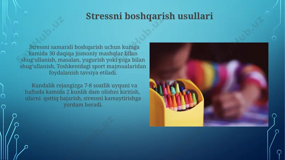 liy o'quv yurtlari talabalarining 70% dan ortig'i, akademik stress tufayli bosh og'rig'i, uyqusizlik va ovqat hazm qilish tizimi bilan bog'liq muammolarga duch kelishadi. ta'lim stressining sabablari surxondaryo viloyatida o'tkazilgan tadqiqotlar shuni ko'rsatdiki, o'quv dasturlarining haddan tashqari og'irligi va o'quvchilarga etarli darajada qo'llab-quvvatlash ko'rsatilmasligi, 70% dan ortiq o'quvchilarda o'tkir stressni keltirib chiqarmoqda. toshkentdagi 500 talabadan olingan so'rov natijalariga ko'ra, akademik bosim va yuqori ball olishga bo'lgan talab, ta'lim stressining asosiy omillaridan biri sifatida aniqlangan. bu raqam stress darajasining yuqoriligini ko'rsatadi. moliyaviy stress oʻzbekistondagi talabalarning 70%i, moliyaviy qiyinchiliklar tufayli, oʻqishni davom ettirishda qiyinchiliklarga duch kelmoqda, bu esa ularning akademik natijalariga salbiy taʼsir koʻrsatadi. toshkentdagi xususiy universitetlarning oʻquv toʻlovlari yiliga 10 million soʻmdan oshadi, bu esa koʻplab oilaviy byudjetlar uchun ogʻir yuk boʻlib, oila a’zolarida moliyaviy stressni keltirib chiqaradi. vaqtni boshqarish muammolari andijondagi o'rta maktablarda o'tkazilgan so'rovnomalar shuni ko'rsatdiki, kuniga 5 soatdan ortiq vaqtni ijtimoiy tarmoqlarda o'tkazish o'quvchilarning 40%ida vaqtni boshqarish qobiliyatini pasaytiradi …