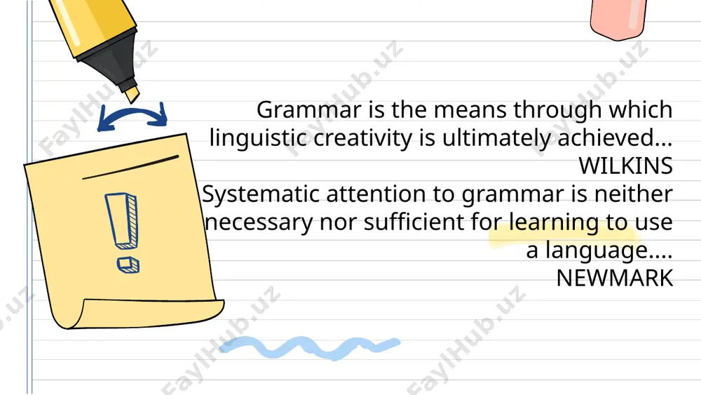 ple and transfers to abstraction; deductive presentation presents a rule (or a speech pattern) then practices examples. inductive deductive deductive method consists on grammar-based language learning. 2 4 1 3 the motto is: grammar first, language next. the approach is: general to particular. examples flow down from universal rules. the teacher states the rules with examples to children who already learnt some language inductive method. 2 1 3 examples are given to the students out of the examples the rules are framed. it is the method of formulating generalization from concrete examples or facts. the choice of the inductive and deductive methods must be rational and relevant. doing exercises at the focused and communicative stages promotes developing of grammar subskills. it is necessary to stress that grammar subskill is a complex of operations and actions that provides adequate usage and memorization of morphologic-syntactic structures of speech. morphologic subskill involves formation …