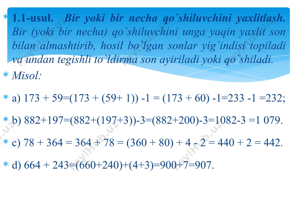 asoslanadi: 1. ko`paytirishning kommutativligi: a, bnuchun a ∙ b = b ∙ a o‘rinli. 2. ko`paytirishning assotsiativligi. , b, c nuchun (а ∙ b) ∙с = а ∙ (b ∙ с). 3. ko`paytirishning qo`shishga nisbatan distributivligi , b, c nuchun (а + b) ∙с = а ∙ c + b ∙ с. 3.1-xossa. agar ko`paytuvchilardan biri bir necha marta orttirilsa, yoki kamaytirilsa, ko`paytma ham shuncha marta ortadi yoki kamayadi. (,,…,,b)[(…∙=p)(b)∙…∙=pb)(…∙. 3.2-xossa. agar ko`paytuvchilardan birini biron songa ko`paytirilsa va ikkinchi ko`paytuvchini shu songa bo`linsa, ko`paytma o`zgarmaydi. 3.3-xossa. agar ko`paytuvchilardan ikki va undan ortig`i bir necha marta orttirilsa, yoki kamaytirilsa, ko`paytma ham shuncha marta ortadi yoki kamayadi.biron sonlarga ko`paytirilsa, ko`paytma shu sonlar ko`paytmasi barobar ortadi. 3.1-usul. bo`laklab ko`paytirish. ko`paytuvchilardan biri ko`paytuvchilarga ajratilib, 2-ko`paytuvchini birin-ketin shu ko`paytuvchilarga ko`paytirjladi. bu usul 2 ning darajalariga ko`paytirishda qo`l keladi. 2 ning darajalariga ko`paytirishni sonni ketma-ket ikkilantirish bilan almashtirish mumkin. 2n ga ko`paytirish: a∙2n=a∙2∙2∙…∙2 (n marta). misol. …