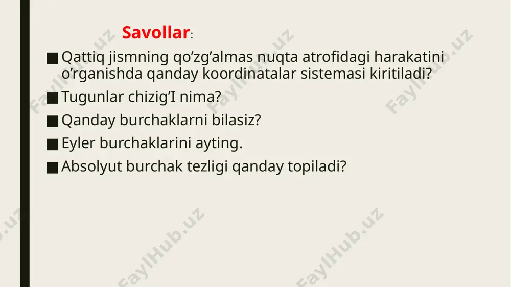n parallel burchak tezliklari vektorlari ham juft aylanish deb ataladi, ularning yig’indisi bo’lgan burchak tezligi nolga teng bo’ladi. natijada ilgarilanma harakat vujudga keladi va bunday harakatda tezlik aylanish juftining momenti deb ataladigan miqdor bilan aniqlanadi: d shunday qilib, ikkita miqdor jihatdan teng qarama-qarshi yo’nalgan burchak tezliklari bilan aylanma harakatlarni bitta ilgarilanma harakat bilan almashtirish mumkin. huddi shunday teskari jarayonni ham amalga oshirish mukin, ya’ni ilgarilanma harakatni burchak tezliklari teng ikkita bo’lgan aylanma harakatga ajratish mumkin. ■ aylanish o’qlari kesishuvchi bo’lgan holda qattiq jism aylanma harakatlarini qo’shish – qattiq jism o nuqtada kesishuvchi boshqa aylanish o’qi bilan kesishuvchi o’z o’qi atrofidar burchak tezligi bilan aylanadi. ikkinchi o’q atrofida xususiy aylanish o’qi e burchak tezligi bilan aylanadi. o qattiq jism ilgarilanma harakatining tezlik vektori erkin vektordir (ya’ni o’ziga parallel ko’chirish mumkin), shu bilan birga burchak tezliklari vektorlari sirpanuvchi vektorlardir, va ularni faqat o’zining ta’sir chizig’i bo’ylab ko’chirish mumkin. o’qlarning kesishish nuqtasining tezligi …