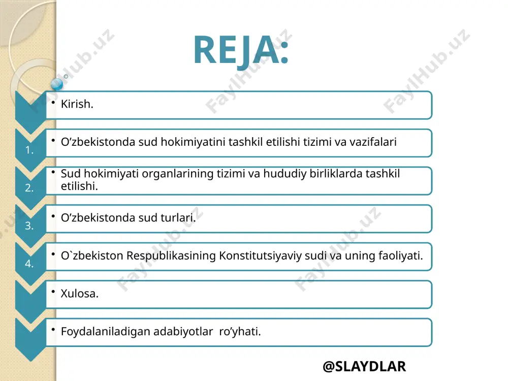 iqasida vujudga kelgan. jamiyatni boshqarish uchun davlatning yuzaga kelishi va unda sud faoliyatiga bo`lgan ehtiyoj ham adolat g`oyalarining mahsulidir. davlatning qachon va qaysi hududda birinchi marta bunyodga kelgani to`g`risida hozircha aniq ma`lumotlar bo`lganidek, sud tizimi ham dastlab qachon va qaerda shakllanganligi noma`lum. jamiyatni boshqarishga oid barcha zarur ishlarni dastlabki davrlarda jamoaga sardor, sarkarda bo`lgan, katta obro`-e`tiborli, tajribali shaxslar bevosita o`zlari bajarganlar. keyinroq esa jamiyat a`zolarining o`rtasida yuz beradigan nizo va to`qnashuvlarni bartaraf etish, haqlilarni himoyalash, nohaqlarga ta`siriy choralar ko`rish vazifalarini alohida lavozimli hakamlar zimmasiga yuklangan. @slaydlar "davlat boshqaruvining turli sohalari ihtisoslasha borgan sari sud tizimi va huquqni muhofaza qiluvchi mahsus idoralar faoliyat ko`rsata boshlagan. ular qanchalik odilona va hozirjavoblik bilan ishlasalar, jamiyat a`zolarining ichki tinch-totuvligi, hamjihatligi shunchalik mustahkam bo`ladi. zero, adolat jamiyatning poydevori, iqtisodiy-ijtimoiy farovonlikni ta`minlashda muhim omildir. femida, nemesida, maat va sulaymon payg`ambar kabilar to`g`risidagi tarihiy afsonalar adolat tuyg`ularining ifodasidir. kishilik jamiyati har jihatdan adolatga intiladi. jumladan, davlat hokimiyatining …