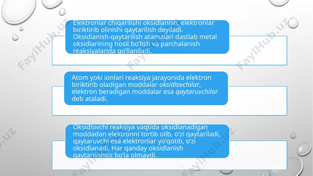 rdagi reaksiyalarga quyidagi reaksiyalar misol bo‘la oladi: [co(cn)₆]³⁻ + ē =[co(cn)₆]²⁻ [fe(cn)₆]³⁻ +ē =[fe (cn)₆]⁴⁻ belgilangan siyanid yordamida elektron almashinuvi juda tez sodir bo‘lishi ko‘rsatildi. ikkinchi turdagi reaksiyalardan biri xrom kompleksining oksidlanishi [cr(h₂o)₆]²⁺ kobalt kompleksi [co(nh₃)₅ncs]²⁺ . ushbu reaksiya natijasida [cr(nh₃)₅ncs]²⁺ hosil bo‘ladi, ammo asl mahsulot tiosiyanat kompleksi bo‘lib, unda tiosianat oltingugurt atomi bilan bog‘langan. bu [(nh₃)₅concscr(h₂o)₅]⁴⁺ o‘tish holatida ko‘prik tiosiyanat guruhini o‘z ichiga oladi, - degan taxminni isbotlaydi. oksidlanish-qaytarilish reaksiyalarining haqiqiy mexanizmlari asosan ushbu bo‘linishga mos keladi. reaksiyalarning ichki sfera mexanizmlari oksidlovchi va qaytaruvchi vosita ikkala metall ionlarining koordinatsiya sohasi uchun umumiy bo‘lgan ko‘prik ligandi bilan bog‘langan, chunki bu reaksiyalarning oxirgi qismida sodir bo‘ladi. elektronning uzatilishi ikkala metall ionlarining bir-biriga bog‘liq bo‘lmagan koordinatsion sohalari orqali amalga oshirilsa, tashqi sfera mexanizm bilan shug‘ullaniladi. ushbu mexanizm orqali, xususan, reaksiya sodir bo‘ladi: [fe(cn)₆]³⁻ +ē =[fe(cn)₆]⁴⁻ . shuni ta’kidlash kerakki, tashqi sferik mexanizm bilan vodorod ioni tez-tez uzatiladi. ushbu turdagi odatiy reaksiyaning o‘tish …
