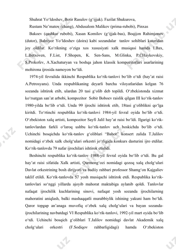 iy rahbari professor shamg‘on kajgaliev taklif etildi. ko‘rik-tanlovda 57 yosh musiqachi ishtirok etdi. respublika ko‘rik-tanlovlari so‘nggi yillarda ajoyib mahorat maktabiga aylanib qoldi. tanlovlar nafaqat ijrochilik kuchlarining sinovi, nafaqat yosh sozanda ijrochilarning mahoratini aniqlash, balki mashaqqatli murabbiylik ishining yakuni ham bo‘ldi. qaror topgap an’anaga muvofiq o‘zbek xalq cholg‘ulari va bayan sozanda-ijrochilarining navbatdagi vi respublika ko‘rik-tanlovi, 1992-yil mart oyida bo‘lib o‘tdi. uchinchi bosqich g‘oliblari t.jalilov nomidagi davlat akademik xalq cholg‘ulari orkestri (f.sodiqov rahbarligidagi) hamda o‘zbekiston teleradiokompaniyasi qoshidagi (kompozitor m.bafoev rahbarligidagi) d.zokirov nomidagi o‘zbek xalq cholg‘ulari davlat orkestrlari jo‘rligida bellashdilar . shuningdek, toshkentda 2008-yildan e‘tiboran “navro‘z sadolari” nomli ko‘p ovozli ansambl va orkestrlarning, 2013-yildan boshlab ikki yilda bir marotaba “ona yurt ohanglari”, “baykal kubogi” (rossiya) nomli xalqaro ko‘rik-tanlovlarning o‘tkazilishi nafaqat yangi iqtidor egalarini aniqlashga, balki yosh sozandalarda o‘z kasbiga nisbatan katta qiziqish uyg‘otadi, ijodiy yetuklik sari chorlaydi. ular o‘zlarining yuksak ijrochilik mahoratini hamda xalk cholg‘ularining takrorlanmas boy imkoniyatlaridan foydalanish qobiliyatlarini namoyish etadilar. o‘zbek …