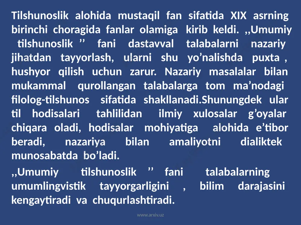 arayonida o‘pkadan chiqadigan havo oqimi og‘iz bo‘shlig‘ida hech qanday to‘siqqa uchramaydi. masalan, o, a, i kabi. www.arxiv.uz shuning uchun unli tovushlarda ohangdorlik kuchli bo‘ladi. har bir til o‘ziga xos unlilar tizimiga ega. tildagi unlilar tizimi vokalizm deyiladi. vokalizm - lotincha vokalis so‘zidan olingan bo‘lib, unli (ovozdor) demakdir. undosh tovushlar o‘pkadan chiqadigan havo oqimining og‘iz bo‘shlig‘ida to‘siqqa uchrashi natijasida yuzaga keladi. bunday tovushlar faqat shovqindan yoki ovoz hamda shovqindan iborat bo‘lishi mumkin. tildagi undoshlar tizimi konsonantizm deb ataladi. bu termin inglizcha konsonontism so‘zidan olingan bo‘lib, undoshlar tizimi demakdir. www.arxiv.uz unli tovushlar tasnifi. hozirgi o‘zbek adabiy tilida 6 unli fonema bor: a, o, i, e, o‘, u. ular quyidagicha tasnif qilinadi: 1) tilning gorizontal harakatiga ko‘ra; 2) tilning vertikal harakatiga ko‘ra; 3) lablarning ishtirokiga ko‘ra. tilning gorizontal harakatiga ko‘ra unlilar ikkiga bo‘linadi: a) til oldi yoki oldingi qator unlilar: i, e, a ; b) til orqa yoki orqa qator unlilar: u, o‘, …