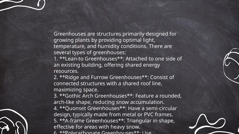g, using systems like wet pads and fans, can reduce temperatures by up to 14°c depending on humidity levels. additionally, thermal screens can be deployed, effectively reducing temperatures by 4-6°c while conserving energy. these techniques help maintain plant health and productivity, ensuring suitable growth conditions within controlled environments. ... t.me/slaydai_bot greenhouse lighting involves using artificial lights to supplement or replace natural sunlight for plant growth. types include led, hps (high-pressure sodium), and fluorescent lights. leds are preferred due to energy efficiency and long lifespan, consuming 40-60% less energy than hps. optimal lighting requirements vary by plant type; for instance, leafy greens may need 12-18 hours of light per day. light intensity is measured in micromoles per square meter per second (µmol/m²/s), with 200-400 µmol/m²/s suitable for low-light plants, while high-light plants may require 600-1,000 µmol/m²/s. proper greenhouse lighting can increase crop yield by 20-40%. temperature control is essential, as excess …