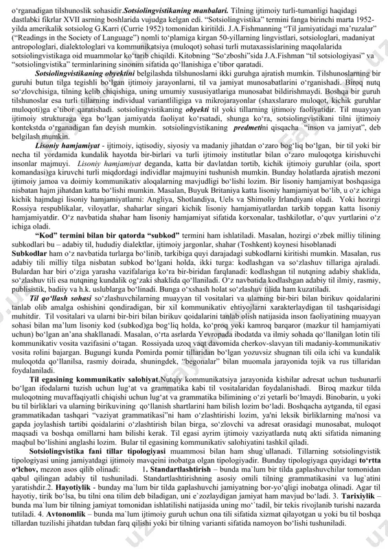 kkala sinonim ham ikki taraflama jarayonni, ya'ni muloqot chog‘ida kishilarning o‘zaro munosabatini ifodalaydi. nutqiy muloqotning holatini quyidagicha ko‘rsatish mumkin: kim bilan gapljamiyat uchun xos bo‘lgan aksariyat rollar tilda maxsus ma'no kasb ashamiz? bir kishi bilanqaysi maqsadda? rasmiy muhitda ijtimoiy variativlik hodisasini buyuk britaniya misolida yaqqol ko‘rish mumkin. buyuk britaniyada estuary english (yee) (londondagi past ijtimoy qatlam vakillarining so‘zlashuv tili), kokni (cockney– ma'lumoti kam bo‘lganlar tomonidan norasmiy doiralarda qo‘llanuvchi london dialektining varianti) va received pronunciation (rp) (londondagi oliy ijtimoy tabaqa vakillarining tili) kabi variantlar mavjud. ba'zan rp egasi o‘zining ijtimoiy holatini oshkor qilishdan qochib, o‘z nutqida kokniga xos bo‘lgan tubandagi fonetik xususiyatlarni ishlatadi: a) “t” tushiraladi: wha(?)- what (nima), li(?)le – little (kichkina); “l” vokallashadi: hi(w)- hill (tepalik), mi(w)k- milk (sut). erkak va ayol nutqiga xos variativlik ham mavjud. masalan, yapon tilida erkak va ayollarning nutqiy muomalasi bir-biridan keskin farq qiladi (bu o‘rinda barcha tillarda mavjud bo‘lgan gender xususiyatlari emas, aynan …