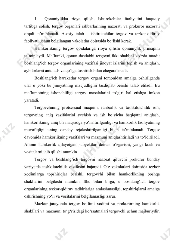 likning taktik-uslubiy qoidalari tergov o‘tkazish jinoyatni ochishda hamkorlikning birinchisi – tergovchi tomonidan ish materiallarini tahlil qilishdan iborat. bunda dastlab tergovchi tomonidan hamkorlik subyektlari aniqlanadi. qo‘shma faoliyatga eng ko‘p jinoyat-qidiruv, uyushgan jinoyatchilik va iqtisodiy jinoyatlarga qarshi kurash xizmati, ichki ishlar organlarining kriminalistik xizmatlari, davlat avtomobil nazorati, turli xil idora va ma’muriy inspeksiyalar xodimlari jalb etiladi. yana bir muhim vazifa vaziyatga oid ma’lumotlarni hamkorlar o‘rtasida almashinuvidir. ma’lumot almashinuvida tergov hamda tezkor-qidiruv tadbirlari rejasining qay darajada mosligi aniqlanadi, chunki tergov harakatlari, uning muvaffaqiyati tezkor-qidiruv ishtirokchilarining tadbirni belgilangan muddatda va ketma-ketlikda ijro etishlariga bog‘liq. o‘z vaqtida, yetarli aloqa almashinuvi tezkor-tergov guruhi (ttg) a’zolari uchun alohida ahamiyat kasb etadi. uning shakllari turlicha: ttg tarkibining yig‘ilishi, uning alohida ishtirokchilarining o‘zaro aloqasi va hokazo. shu bilan birga tergov sirlarini saqlash, tezkor ma’lumotni chetga chiqishiga yo‘l qo‘ymaslik juda muhim. hamkorlik ishtirokchilari tergov vaziyati o‘zgarishi bilan rejaga va maqsadlarga tuzatish kiritishi kerak. hamkorlik rejasi quyidagilarni o‘z ichiga olishi kerak: …