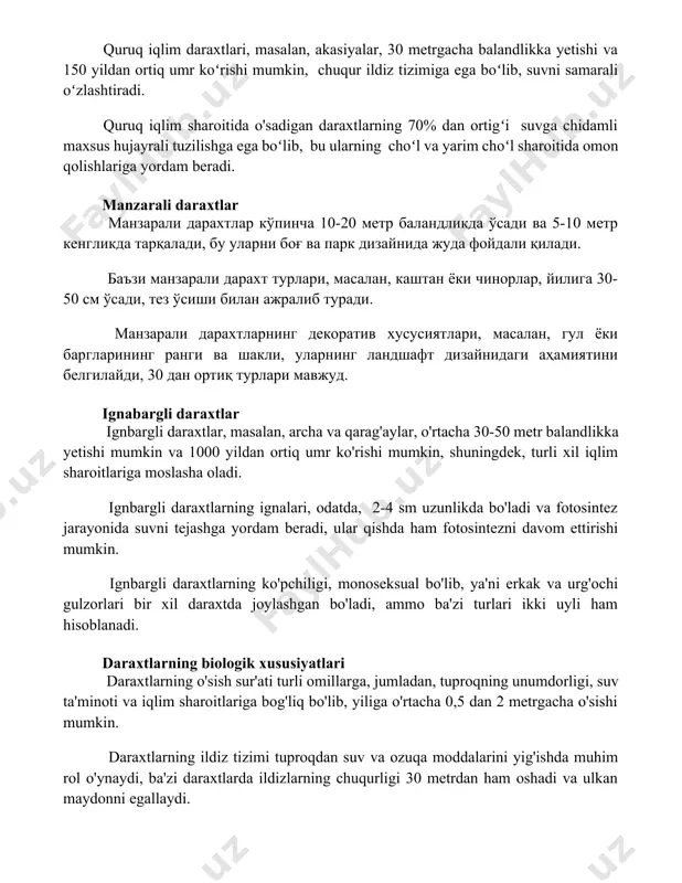 ga chidamli maxsus hujayrali tuzilishga ega boʻlib, bu ularning choʻl va yarim choʻl sharoitida omon qolishlariga yordam beradi. manzarali daraxtlar манзарали дарахтлар кўпинча 10-20 метр баландликда ўсади ва 5-10 метр кенгликда тарқалади, бу уларни боғ ва парк дизайнида жуда фойдали қилади. баъзи манзарали дарахт турлари, масалан, каштан ёки чинорлар, йилига 30-50 см ўсади, тез ўсиши билан ажралиб туради. манзарали дарахтларнинг декоратив хусусиятлари, масалан, гул ёки баргларининг ранги ва шакли, уларнинг ландшафт дизайнидаги аҳамиятини белгилайди, 30 дан ортиқ турлари мавжуд. ignabargli daraxtlar ignbargli daraxtlar, masalan, archa va qarag'aylar, o'rtacha 30-50 metr balandlikka yetishi mumkin va 1000 yildan ortiq umr ko'rishi mumkin, shuningdek, turli xil iqlim sharoitlariga moslasha oladi. ignbargli daraxtlarning ignalari, odatda, 2-4 sm uzunlikda bo'ladi va fotosintez jarayonida suvni tejashga yordam beradi, ular qishda ham fotosintezni davom ettirishi mumkin. ignbargli daraxtlarning ko'pchiligi, monoseksual bo'lib, ya'ni erkak va urg'ochi gulzorlari bir xil daraxtda joylashgan bo'ladi, ammo ba'zi turlari ikki uyli ham …
