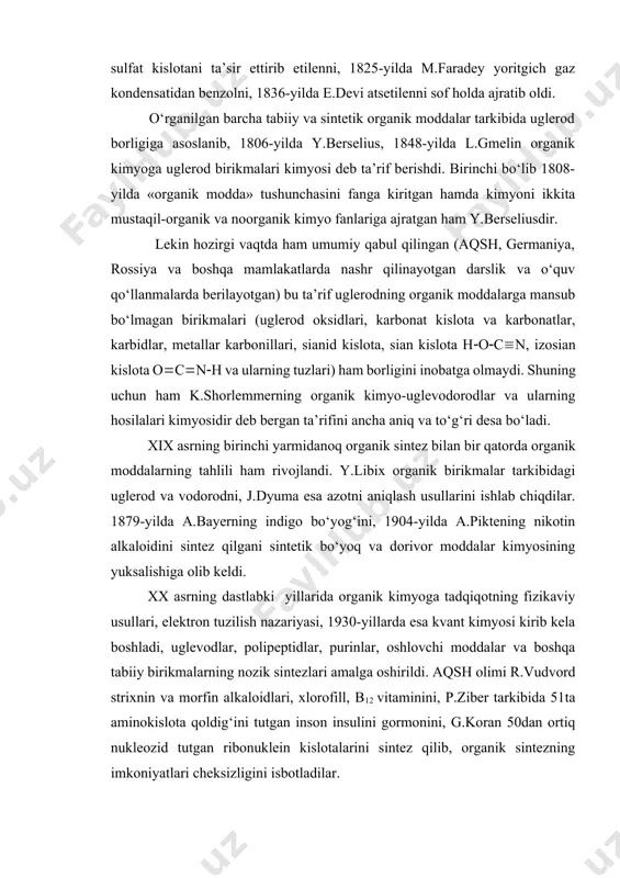 ‘yog‘ini, 1904-yilda a.piktening nikotin alkaloidini sintez qilgani sintetik bo‘yoq va dorivor moddalar kimyosining yuksalishiga olib keldi. xx asrning dastlabki yillarida organik kimyoga tadqiqotning fizikaviy usullari, elektron tuzilish nazariyasi, 1930-yillarda esa kvant kimyosi kirib kela boshladi, uglevodlar, polipeptidlar, purinlar, oshlovchi moddalar va boshqa tabiiy birikmalarning nozik sintezlari amalga oshirildi. aqsh olimi r.vudvord strixnin va morfin alkaloidlari, xlorofill, b12 vitaminini, p.ziber tarkibida 51ta aminokislota qoldig‘ini tutgan inson insulini gormonini, g.koran 50dan ortiq nukleozid tutgan ribonuklein kislotalarini sintez qilib, organik sintezning imkoniyatlari cheksizligini isbotladilar. organik kimyoning juda tez sur’atlar bilan rivojlanishi natijasida xx asrning 60-70-yillaridan boshlab, undan muhim nazariy va amaliy ahamiyatga ega bo‘lgan to‘rtta fan (bioorganik kimyo, yuqori molekulali birikmalar kimyosi, farmakologik kimyo va sanoat organik sintezi) ajralib chiqdi va mustaqil taraqqiy etmoqda. hozirgi kunda organik kimyoga oid yangiliklar ilmiy va referativ jurnallarda, referativ jurnallar ko‘rsatkichlarida, shuningdek, bibliografik asarlarda e’lon qilib boriladi. har yili organik kimyo yutuqlariga bag‘ishlangan 200-250 mingdan ortiq asar, …