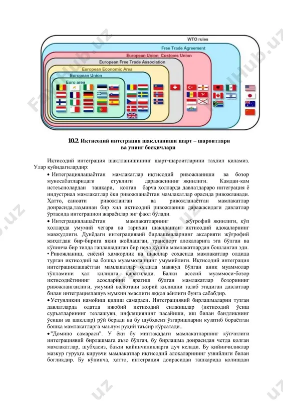 а ўрнатилади. реал иқтисодий интеграция эса, ишлаб чиқаришни шундай халқаро умумлаштиришдан иборатки, бу умумлаштириш иштирокчи давлатлар асосий ижтимоий-иқтисодий ўлчамларининг маълум паритетини назарда тутади.1 иқтисодий интеграция, ўз навбатида, иштирокчи мамлакатларнинг асосий ижтимоий-иқтисодий кўрсаткичларини кўтариш учун шароит яратади. иқтисодий интеграцияга олиб келадиган жараёнларни қуйидаги ўзаро боғланган занжир кўринишида ифодалаш мумкин: ишлаб чиқариш кучларини ривожлантириш, халқаро меҳнат тақсимоти, ишлаб чиқариш ва капиталнинг интеграциялашуви, иқтисодий интеграция. маълумки, кўплаб миллий ва хорижий мамлакатлар иқтисодчилоари асарларида шу холатлар маълум бўлмоқдаки, интеграцион гуруҳда у ёки бу мамлакатнинг иштирок этишининг ижобий ёки салбий томонларини баҳолаш мураккаблигича қолмоқда. бироқ, шу нарса маълумки, интеграциядан ички бозори кичик, ресурсларга бой бўлмаган, жаҳон яимсида кам улушга эга бўлган давлатлар кўпроқ самара олади. бунга кўра иқтисодий интеграция бир қатор объектив омилларга асосланган бўлиб, улар орасида қуйидагилар муҳим ўрин тутади: 1) хўжалик ҳаёти байналмилаллашувининг ўсиб бориши. 2) халқаро меҳнат тақсимотининг чуқурлашуви. 3) ўз хусусиятига кўра умумжаҳон илмий-техника инқилоби. 4) миллий иқтисодиётлар очиқлиги даражасининг ошиши. …
