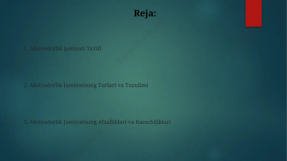 asoslanadi, bu esa investorlarning ishonchini oshiradi va kompaniyaning uzoq muddatli barqaror rivojlanishiga yordam beradi. aktsiyadorlik jamiyatining mohiyati ао капитали акциялар сони ва уларнинг номинал қиймати билан белгиланади, бу компаниянинг умумий активлари ва молиявий барқарорлигини кўрсатади. дивидендлар миқдори компаниянинг фойдаси ва акциядорларнинг улушига боғлиқ бўлиб, йил якунида 10-25% гача этиши мумкин. aktsiyadorlik jamiyatining qonunchilik bazasi aksiyadorlik jamiyatining boshqaruv organlari – umumiy majlis, kuzatuv kengashi va ijroiya organlarining vakolatlari va javobgarligi qonunda batafsil bayon etilgan boʻlib, bu 5 bobdan iborat. aktsiyadorlik jamiyatini tashkil etish uchun minimal 3 nafar ta’sischining boʻlishi va ularning jamgʻarma mablagʻlari minimal 100 million soʻmdan kam boʻlmasligi talab etiladi, bu esa kompaniyaning moliyaviy barqarorligini ta’minlashga qaratilgan. aktsiyadorlik jamiyatining turlari yajlarning minimal ustav kapitali oajlarga nisbatan kamroq bo'lishi mumkin, masalan, o'zbekiston qonunchiligiga ko'ra, bu farq bir necha barobarni tashkil qilishi mumkin. o'zbekistonda 2023 yil holatiga ko'ra, minglab aktsiyadorlik jamiyatlari faoliyat yuritmoqda, ularning ko'pchiligi savdo, xizmat ko'rsatish va sanoat sohalarida jamlangan. …