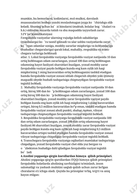 qlash kerakki ambulator - poliklinik muassasa davolashko‘chirish ta’minot tizimining birinchi bosqichi bomib qoladi, zararlangan aholi uzoq vaqt qololmaydi, shu sababli fmtx shtabi zararlanganlami statsionar davolash muassasalariga ko‘chirish uchun yetarlicha transport vositalarini ajratishi kerak. ko‘chirish shunday tashkil etilishi kerakki ambulator - poliklinik muassasaga zararlanganlar yolgmz birinchi shifokor yordamini olish uchun kerakli kunda kelishlari, unda tutilib qolmasliklari kerak. zararlanganlami ko‘chirishni to‘g4ri tashkillashtirish va ularga mutaxassislashgan tibbiy yordam ko‘rsatish uchun fmtx shtabi davolash profilaktik muassasalarning holati va ularning tomganligi to‘g‘risida zudlik bilan ma’lumot olishi hamda kasalxonalarga qaysi obyektlardan yoki mahallalardan qancha zararlanganlar yotishini aniqlashi kerak. fmtx shtabi vujudga kelgan vaziyatni to‘g‘ri baholagan holda davolash muassasalari, btyo, poliklinik muassasa bosh shifokorlariga farmoyish berishi kerak. shu maqsadda shtab ko‘pchilik muassasalar va poliklinikalar bilan doimiy aloqada bomishi lozim. zararlanganlami yotqizishda differentsial yondashish zarur, zaruriy zararlanganlar yotqiziladi. yengil va o‘rta darajali zararlanganlar ambulator davolanadi. turli jarohatli zararlanganlarga yordam ko‘rsatish bilan bir vaqtda yana avj olgan turli asabiy-ruhiy …