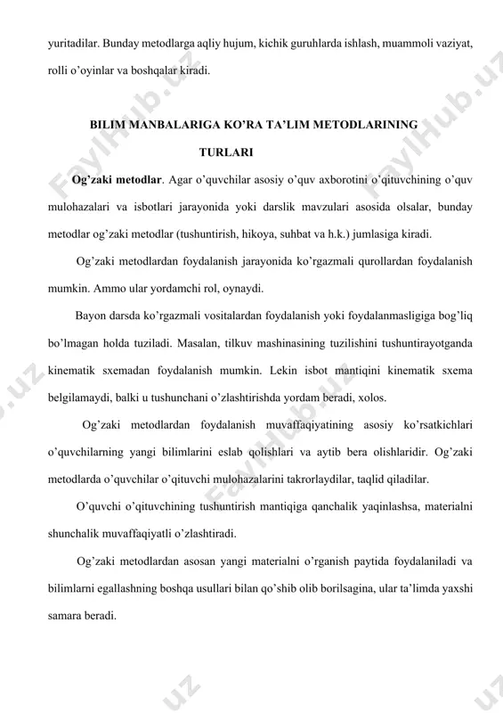 i va mantiqiy, aniq va mavhum, hissiy va aqliy jihatlar nisbatini chuqur tushunishni talab etadi. amaliy metodlar. mashqlar,mustaqil topshiriqlar, amaliy va tajriba ishlari asosida o’quv materialni egallash ko’rinishlari ta’limining amaliy metodlari jumlasiga kiradi. mashqlar, mustaqil topshiriqlar, amaliy va tajriba ishlari asosida o’quv materialini egallash ko’rinishlari ta’limning amaliy metodlari jumlasiga kiradi. ana shu metodlar yordamida amaliy ko’nikma va malakalar shakllantirish jarayoni o’quv faoliyatida hal qiluvchi ahamiyat kasb etadi. ko’nikmani egallashning muvafaqqiyati uni shakllantirish sharoitiga bo’g’liq. an’anaviy ta’lim metodlari ta’lim metodlari-o’quvchi va o’qituvchining muayyan maqsadga qaratilgan, birgalikdagi faoliyatini tashkil qilishning tartibga solingan metodlar yigindisini ifodalaydi. an’anaviu dars - muauyan muddatga mo’ljallangan, ta’lim jarayoni ko’proq o’qituvchi shaxsiga qaratilgan, mavzuga kirish, yoritish, mustaxkamlash va yakunlash bosqichlaridan iborat ta’lim modelidir. o’quv materiali yangi va ancha murakkab bo’lganda, an’anaviu dars - ko’p hollarda ta’lim jarayoning birdan-bir modeli bo’lib qo’lmoqda. ma’lumki an’anaviy darsda ta’lim jarayonining markazida o’qituvchi turadi. shu bois, an’anaviy darsni “markazda o’qituvchi turgan o’qitish modeli” …