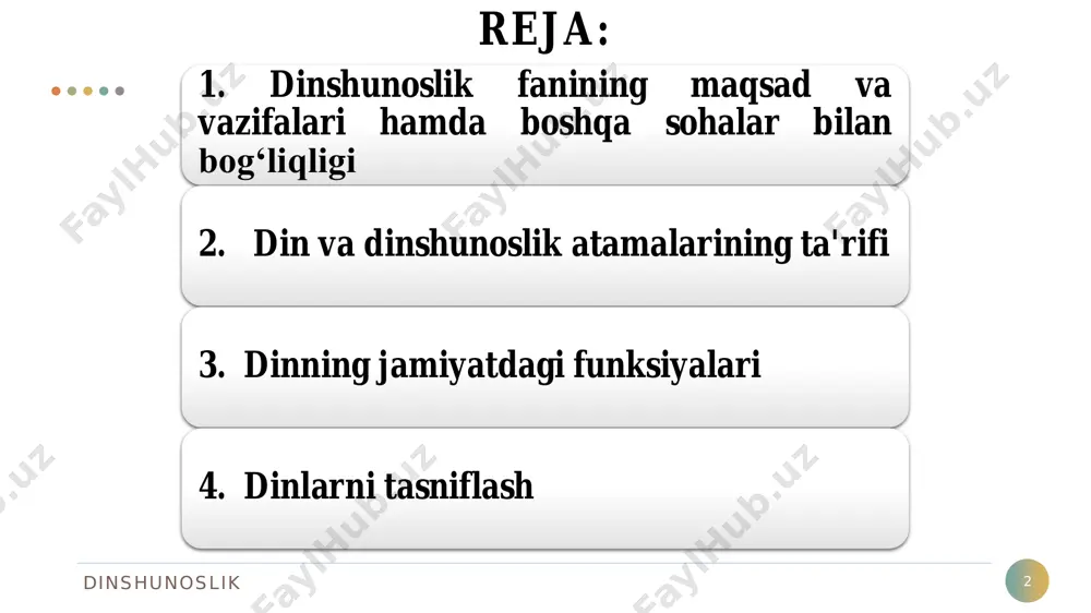 psixologik jihatini, shaxsning diniy tajribasini va bu tajribaning turli ko‘rinishlarini bayon qilishga harakat qiladi kishining diniy his, tushuncha va yashash tarzi din psixologiyasinin g asosiy mavzusidir dinshunoslik din falsafasi 9 «din»ni falsafadan kelib chiqib tadqiq qiladi • qandaydir bir yaratuvchi kuch e'tiqodiga falsafiy bir asos topishga harakat qiladi diniy hukmlarning mantig‘i va mohiyatini ochib beradi • xudoning mavjudligi bilan bog‘liq dalillarning tanqid yoki tahlilini qiladi dinshunoslik 10 arab tilida bo'ysunmoq, bo'yin egmoq, itoat etmoq, kimdandir qarzdor bo'lmoq, e'tiqod qilmoq, qilgan ishiga yarasha mukofotlanmoq o'zbek tilida ishonch,ishonmoq, e’tiqod,mulk, hukm, hisob, itoat qilish, yo’l tutish rus tilida diyonat, dindorlik, taqvodorlik, xudojo'ylik, mo'minlik, taqvo, muqaddas narsa yoki joy, qadamjo, ziyoratgoh, ibodat-topinish-sig'inish va u bilan bog'liq diniy marosimlar din va dinshunoslik atamalarining ta'rifi dinshunoslik din haqida fikrlar 11 «din, insonning muqaddas deb bilgan narsalariga nisbatan munosabatidir». rudolf otto «din, muayyan jamoatning vujudga kelishini ta'minlovchi marosim va e'tiqodlar majmuidir». emil dyurkgeym dinshunoslik olimlar muayyan e'tiqod …
