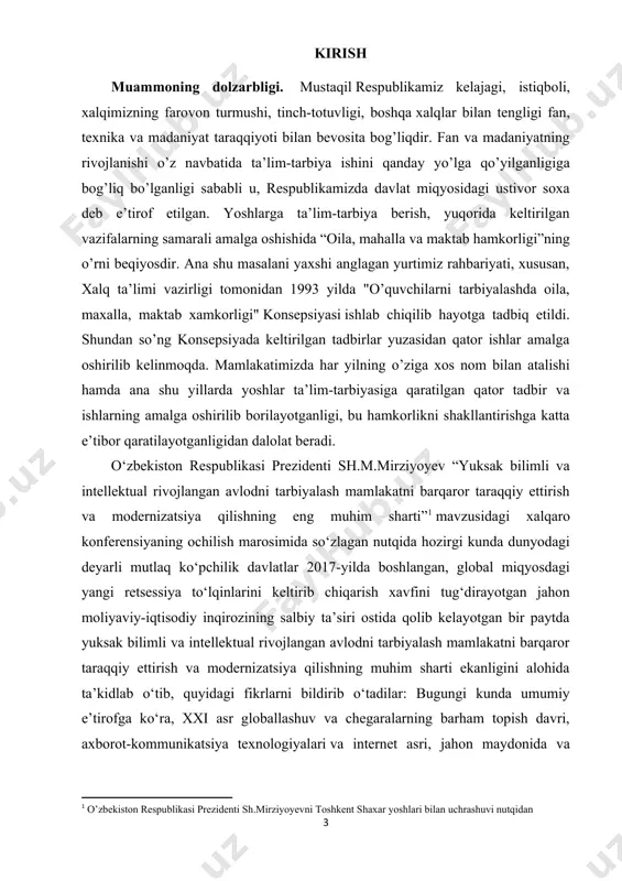 pchilik davlatlar 2017-yilda boshlangan, global miqyosdagi yangi retsessiya to‘lqinlarini keltirib chiqarish xavfini tug‘dirayotgan jahon moliyaviy-iqtisodiy inqirozining salbiy ta’siri ostida qolib kelayotgan bir paytda yuksak bilimli va intellektual rivojlangan avlodni tarbiyalash mamlakatni barqaror taraqqiy ettirish va modernizatsiya qilishning muhim sharti ekanligini alohida ta’kidlab o‘tib, quyidagi fikrlarni bildirib o‘tadilar: bugungi kunda umumiy e’tirofga ko‘ra, xxi asr globallashuv va chegaralarning barham topish davri, axborot-kommunikatsiya texnologiyalari va internet asri, jahon maydonida va dunyo bozorida tobora kuchayib borayotgan raqobat asriga aylanib borayotganini isbotlab berishga hojat yo‘q, albatta. [1: o’zbekiston respublikasi prezidenti sh.mirziyoyevni toshkent shaxar yoshlari bilan uchrashuvi nutqidan] shiddat bilan o‘zgarib borayotgan bugungi davrda o‘quvchilarni kasb-hunarga yo‘naltirish ishlarini yanada takomillashtirish, umumta’lim maktablarida axborot-kommunikatsiya texnologiyalari va xorijiy tillarni o‘qitishda pedagogik-psixologik jihatlar, psixologik xizmatni tashkil etishning samarali usullarini joriy etish dolzarb ahamiyat kasb etmoqda. kurs ishining maqsadi. shaxsni tarbiyalashda oila, ta’lim muassasasi va mahallada hamkorlikda olib boriladigan ishlarning, o‘ziga xosliklarini va mohiyatini yoritib berish. kurs ishining ob’ekti. …