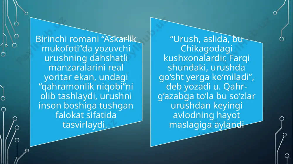 o, qurol!» (1929) romanlarida urushning bemisl mantiqsizliklari, inson haq-huquqlari, erkiga tajovuz, ayni paytda, insoniy mardlik, qadr-qimmat va muhabbatning har qanday yovuz kuchlardan ustunligi yorqin ifodalangan. 1930- yillarning birinchi yarmida heminguey ijodida tushkunlikni kuzatish mumkin. alvido, qurol! (inglizcha: a farewell to arms) - ernest hemingueyning 1929-yilda nashr etilgan romani. kitob birinchi jahon urushi davridagi sevgi haqida hikoya qiladi. roman asosan avtobiografikdir - xeminguey italiya frontida xizmat qilgan, jangda yaralangan va milan kasalxonasida yotgan, u yerda hamshiraga ko'ngil qo'ygan. asar voqealari ham shu hodisalarni o'z ichiga oladi. amerikalik arxitektor frederik genri italiyada birinchi jahon urushida ko'ngilli sifatida qatnashadi. u leytenant unvoni bilan sanitariya bo'limining transport bo'limi komandiri bo'lib xizmat qiladi. bu yerda frederik kasalxona hamshirasi ingliz ketrin barkli bilan uchrashadi va ular bir-biriga ko'ngil qo'yishadi shu davrda yozuvchi hayot yo‘lini qayta mulohaza qilib ko‘rishga, o‘z ijodining muayyan yo‘nalishlarini aniqlashga intiladi. natijada «peshindan keyingi o‘lim» (1932), «afrikaning yashil tepaliklari» (1935), «g‘olibga bayroq berilmaydi» …