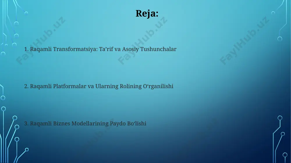 umotlar tahlili asosida shakllanadigan hiper-shaxsiylashtirilgan marketing strategiyasi bozor ulushini 30% ga oshiradi. blokcheyn texnologiyasining rivojlanishi natijasida desentralizatsiyalangan avtonom tashkilotlar (dao) soni 2025 yilga kelib 5000 dan oshishi va yangi biznes modellarini shakllantirishi kutilmoqda. muvaffaqiyatli raqamli transformatsiya misollari “netflix” kompaniyasi dvd ijarasi biznesidan global miqyosdagi raqamli video translatsiya platformasiga o'tish orqali 200 million dan ortiq obunachiga ega bo'ldi, bu esa ulkan raqamli transformatsiyaning yorqin namunasidir. “starbucks” mobil ilovasini joriy etish orqali mijozlarning 20% dan ortig'ini mobil to'lovlar orqali jalb qildi va sodiqlik dasturi yordamida mijozlarning so'rovlarini tahlil qilib, 15% ga yaqin sotuvlar o'sishini ta'minladi. bulut texnologiyalari va raqamli transformatsiya bulutli texnologiyalarni qo'llash orqali korxonalar o'z infratuzilmalarini 90% gacha virtualizatsiya qilib, it xodimlarining sonini 25% ga qisqartirish va shunday qilib raqamli transformatsiya jarayonini tezlashtirishga erishadi. zamonaviy bulut platformalari, masalan, aws, azure va google cloud, apilar va mikroservis arxitekturasi orqali 1000 dan ortiq turli xil dasturlarni birlashtirish imkoniyatini beradi, bu esa yangi raqamli …