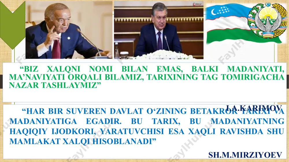 nada rivojlantirish maqsadida, 1996 yil «amir temur yili» deb e’lon qilinsin. o‘zbekiston respublikasining prezidenti i. karimov toshkent sh., 1995 yil 26 dekabr, pf-1333-son prezident farmoni bilan 1996-yil amir temur yili deb e’lon qilindi. “ижтимоий-сиёсий фанлар” кафедраси xiva va buxoro shaharlarining 2500 yilligi 1999 yilda “alpomish” eposining 1000 yilligi, 2001 yilda “avesto” yaratilganining 2700 yilligi, 2002 yilda termiz shahrining 2500 yilligi, 2002 yilda shahrisabz shahrining 2700 yilligi, 2006 yilda qarshi (nasaf) shahrining 2700 yilligi, 2006 yilda xorazm ma’mun akademiyasining 1000 yilligi, 2007 yilda samarqand shahrining 2750 yilligi, 2007 yili marg‘ilon shahrining 2000 yilligi, 2009 yilda toshkent shahrining 2200 yilligi mustaqillik sharofati bilan diniy qadriyatlar, diniy e’tiqod qayta tiklandi. ramozon hayiti, qurbon hayiti, qadimiy xalq bayrami navro‘z qayta tiklandi, bu kunlar prezident farmoni bilan bayram va dam olish kuni deb e’lon qilindi. “ижтимоий-сиёсий фанлар” кафедраси musulmonlar o‘zbekiston xalqi tarixida birinchi marta bevosita hukumat homiyligida har yili haj va umra amallarini ado etish …