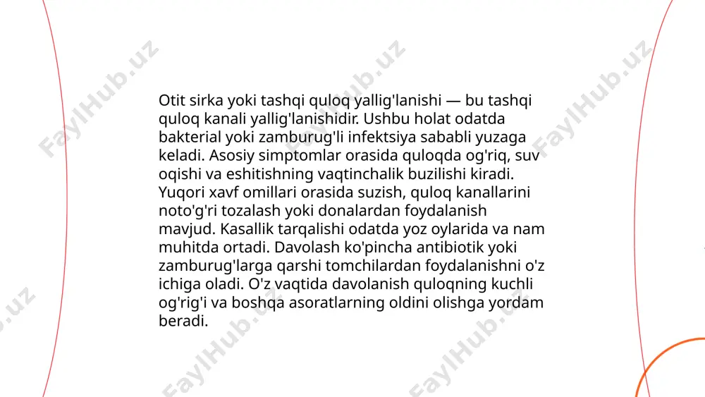 a holatini aniqlab, muvozanatni saqlashga yordam beradi. ichki quloqdagi suyuqlik harakati maxsus reseptorlar tomonidan seziladi. eshitish jarayoni tovush to'lqinlari quloq pardasiga yetganida boshlanadi. ushbu tuzilmalar birgalikda tovushlarni elektr signallarga aylantirib, miyaga uzatadi. ichki quloq shuningdek, quloqdagi vestibulyar nerv orqali muvozanat tuyg'usini miyada qayta ishlaydi. ... t.me/slaydai_bot tinnitus va ichki quloq muammolari o'zbek tilida "tinnitus" yoki "quloq shovqini" deb ataladi. bu shovqin turli shaklda eshitiladi, masalan, chiyillash, shovqin yoki chayqalash kabi. tadqiqotlar shuni ko'rsatadiki, deyarli har to'rtinchi odam ushbu muammolarni hayoti davomida boshdan kechiradi. asosiy sabablar orasida yuqori ovoz darajasi, yoshi ulg'ayish, stress va ichki quloqdagi shikastlanishlar keltiriladi. jahon sog'liqni saqlash tashkilotiga ko'ra, 50 million amerikalikda tinnitus bor va ulardan 20 millioni simptomlarni surunkali tarzda his qiladilar. ichki quloqdagi shikastlanishlar bosh aylanishi, muvozanat muammolari va eshitish qobiliyatini pasaytirishi mumkin. ... t.me/slaydai_bot 13. meniere kasalligi va ichki quloq menyer kasalligi ichki quloqning muvozanat va eshitishni boshqaruvchi qismiga ta'sir qiluvchi kasallikdir. bemorlar ko'pincha …