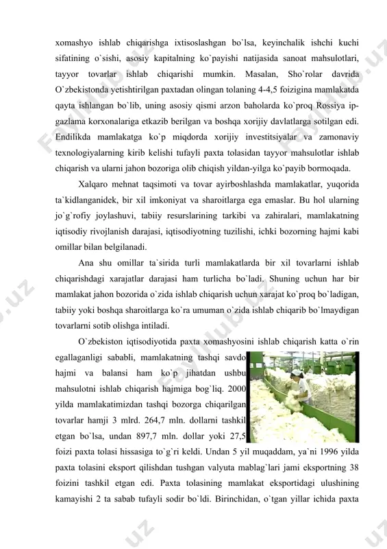 mln. dollar yoki 27,5 foizi paxta tolasi hissasiga to`g`ri keldi. undan 5 yil muqaddam, ya`ni 1996 yilda paxta tolasini eksport qilishdan tushgan valyuta mablag`lari jami eksportning 38 foizini tashkil etgan edi. paxta tolasining mamlakat eksportidagi ulushining kamayishi 2 ta sabab tufayli sodir bo`ldi. birinchidan, o`tgan yillar ichida paxta tolasining jahon bozoridagi narxi deyarli 2 barobar tushib ketdi. ikkinchidan, tolani mamlakat ichida qayta ishlash hajmlari ko`paygani tufayli uni eksport qilish bir muncha kamaydi. paxta tolasining eksportdagi ulushining kamayishi kelajakda ham saqlanib qolishi mumkin. chunki u tayyor mahsulot emas, balki xomashyo hisoblanadi. chetga, ya`ni jahon bozoriga xomashyo chiqarishga qaraganda, tayyor mahsulot chiqarish ko`proq foyda keltiradi. bu haqda respublika prezidenti i.karimov ham ko`p marta uqtirib o`tgan. shuning uchun tayyorlanayotgan paxta tolasining tobora ko`proq qismini mamlakatimizda qayta ishlab, undan tayyor gazlamalar va kiyim-kechaklar tayyorlash, mamlakat ehtiyojlaridan ortig`ini eksport qilish strategik vazifa hisoblanadi. o`zbekiston eksportida elektr energiya va yonilg`i, kimyo mahsulotlari, rangli metallar, mashina va …