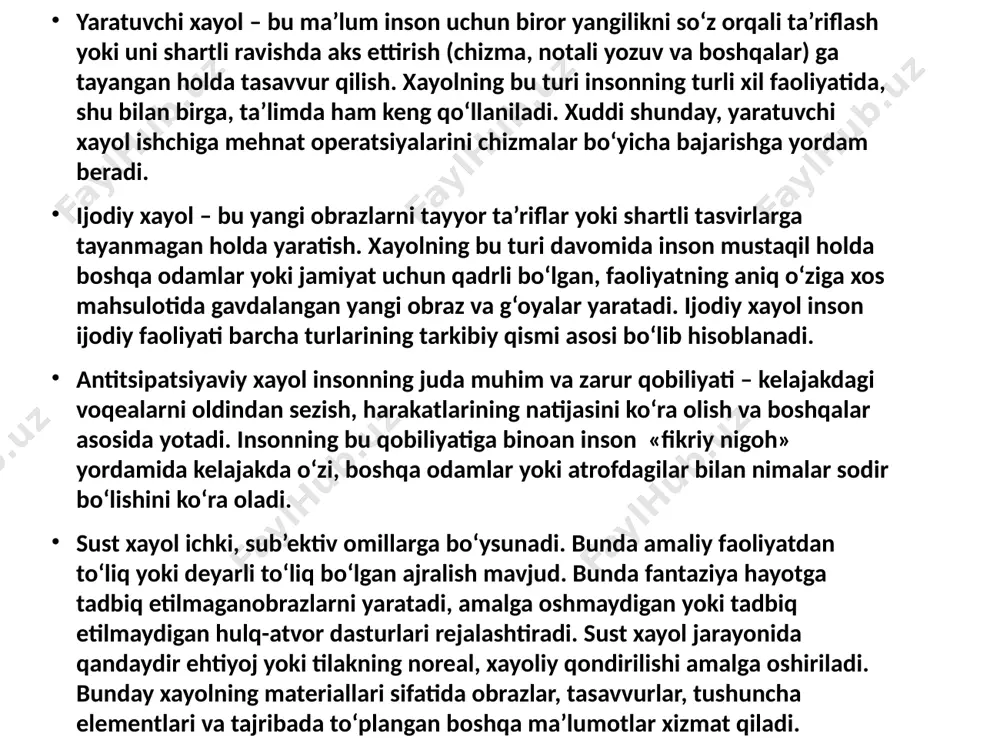 siz xotira. faoliyat maqsadiga ko'ra: harakat, emosional, obraz va so z-mantiq xotirasi. muddatiga ko'ra: uzoq muddatii. qisqa muddatli va operativ xotira, xotira quyidagi asosiy jarayonlardan iborat: esda olib qolish, esda saqlash va unutish. esda saqlash – bu idrok qilingan ma’lumotni eslab qolish va esda saqlash jarayoni. bu jarayonning kechish darajasiga ko‘ra, eslab qolish ikki turga bo‘linadi: ko‘zlanmagan (ixtiyorsiz) va ko‘zlangan (ixtiyoriy). ixtiyorsiz esda olib qolish – bu hech qanday vositalarsiz va kuchlarni namoyon qilmasdan bemaqsad eslab qolish. masalan, o‘rmondagi sayr yoki spektakl 184.tafakkurning nerv-fiziologik asosi? tafakkur faoliyati muayyan maqsadga qaratilgan alohida ongli jarayon tariqasida sodir bo’ladi. bosh miyaning biror uchastkasidagi faoliyat emas, balki butun bosh miya po’stining faoliyati mana shu jarayonning fiziologik asosidir. tafakkur faoliyati uchun avvalo analizatorlarning miyadagi uchlari o’rtasida vujudga keladigan murakkab bog’lanishlar muhim ahamiyatga egadir. analizatorlarning bosh miya po’stidagi uchastkalari bir-biridan keskin ajralgan holda emas, balki bir-biriga tutashib, bir-biri bilan chambarchas bog’lanib ketganligi sababli mazkur bog’lanishlarning vujudga …