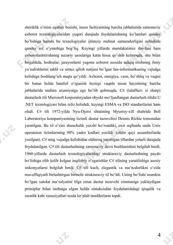 i esa oʻchirib yuboriladi). kompyuter tillarining evolyutsiyasi shunday tarzda roʻy beradi va dasturlash mahorati takomillashtiriladi. c# tili yuqoridagilardan istisno emas, u boshqa dasturlash tillarining koʻplab foydali imkoniyatlarini meros qilib oldi va dunyoda eng koʻp qoʻllaniladigan ikkita kompyuter tillari :c, c++, shuningdek java tili bilan uzviy bogʻliqdir. c# tili 1972-yilda nyu-djersi shtatining myurrey-xill shahrida bell laboratories kompaniyasining tizimli dastur tuzuvchisi dennis richie tomonidan yaratilgan. bu til oʻzini shunchalik yaxshi koʻrsatdiki, oxir oqibatda unda unix operatsion tizimlarining 90 % yadro kodlari yozildi (oldin quyi darajadagi til assemblerda yozilgan). c# ning vujudga kelishidan oldinroq yaratilgan tillardan, (pascal ulardan eng mashhuri hisoblanadi), yetarli darajada muvaffaqiyatli foydalanilgan, lekin aynan c# tili dasturlashning zamonaviy davri boshlanishini belgilab berdi. 1960-yillarda dasturlash texnologiyalaridagi strukturaviy dasturlashlarning paydo boʻlishiga olib kelgan inqilobiy oʻzgarishlar c# tilini yaratish uchun asosiy imkoniyatlarni belgilab berdi. strukturaviy dasturlashlarning paydo boʻlishiga qadar katta dasturlarni yozish qiyin boʻlgan, satr kodlari miqdorining oshishi sababli dasturlarning oʻtish joylari chalkash …