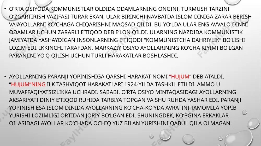 xadicha eshboboyeva qora kuchlar tomonidan o'ldirildi. umuman, 1927-1928— yillarda 2,5 mingdan ortiq faol ayollar yovuz kuchlar qurboni bo'ldi. xotin-qizlarni ijtimoiy hayotga jalb qilish harakati dastlab ancha sezilarli yutuqlarga erishib bordi. 1927— yil bahoriga kelib 100 ming ayol paranji tashladi. ming-minglab ayollar korxonalarga, turli yumushlarga tortildilar. ular orasidan ko‘plab traktorchilar, brigadirlar, kolxoz raislari, klub va kutubxona mudirlari tayyorlandi. jumladan, 1927-1929— yillarda sudlarning xalq maslahatchilari orasida o‘zbek ayollari 563 kishiga yetdi. 1926— yilda birgina toshkent va farg'ona viloyatlari «qo'shchi» uyushmalarining 4900 ayol a’zolari bor edi. 1927— yil davomida 7169 ayol kasaba uyushmalariga a’zo bo'lib kirdi. 5916 ayol matlubot kooperatsiyalariga a’zo bo'ldi. 2343 xotin-qizlar davlat organlariga saylandi. 1925–1926-yillarda “hujum” harakati sustroq davom etdi. ammo 1927-yildan bu harakat qattiq avj oldi. kommunistlar yangi artellar, kechki o‘quv kurslari tashkil etib, unga ayollarni jalb etib yoki uyma-uy targ‘ibot qilib, ayollarni paranjidan ozod eta olmasliklarini tushunib yetdi va endi boshqacha yo‘lga o‘tdi. 1927-yilda o‘rta osiyo markaziy qo‘mitasining …