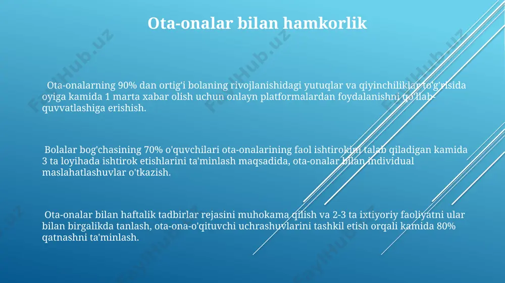 ada kamida 3 marta ochiq havoda o'tkaziladigan ta'lim faoliyatlari, masalan, sport o'yinlari, tabiatni kuzatish va ekologik tarbiya tadbirlari bo'lishi muhim. o'quv rejasida bolalarning yosh xususiyatlarini, rivojlanish darajasini va individual ehtiyojlarini hisobga olgan holda, har bir ta'lim sohasiga (til rivojlanishi, matematikaga kirish, ijtimoiy-emotsional rivojlanish) haftasiga kamida 4 ta faoliyat ajratish tavsiya etiladi. ta'lim faoliyatlarida 3-5 yoshli bolalar uchun kuniga kamida 2 soat strukturaviy o'yinlar, shu jumladan, nozik motorika rivojlanishiga qaratilgan mashqlar va san'at faoliyatlari rejalashtirilishi kerak. jismoniy tarbiya jismoniy tarbiya mashgʻulotlari har kuni kamida 30 daqiqa davom etishi va turli xil jismoniy faoliyat turlarini, jumladan, yugurish, sakrash va gimnastika elementlarini oʻz ichiga olishi kerak. bolalar uchun jismoniy tarbiya dasturi yosh guruhlari (3-5 yosh, 6-8 yosh va hokazo) boʻyicha farqlanishi va har bir guruh uchun mos keladigan jismoniy yuklamalarni oʻz ichiga olishi lozim. jismoniy tarbiya mashgʻulotlarida bolalarning individual xususiyatlari va sogʻliq holatini hisobga olish, shuningdek, ularning qiziqishlarini hisobga olgan holda mashqlarni tanlash …