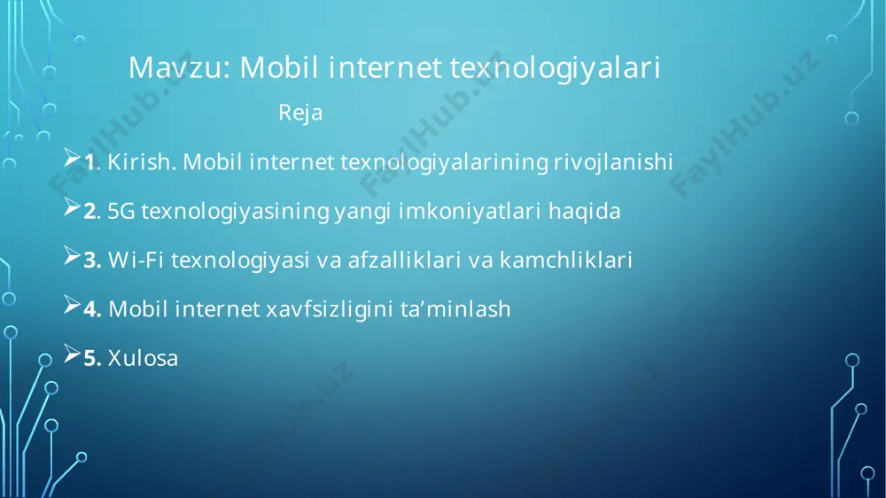 a 165 million bayt informatsiyani qayta ishlaydi va uzatadi. bu surʼat bir sekundda „brittanika“ ensiklopediyasini uzatish uchun yetarli. 80-yillar oʻrtalarida internetni jamoat va tijorat tarmoqlariga ulash natijasida internet tizimi ham koʻlam, ham sifat jihatidan rivojlandi. 90-yillarda internet tizimini boshqarish borasida tub oʻzgarishlar yuz berdi. internet standartlar tizimi hisoblanadi. u oʻz faoliyatida oʻzini oʻzi rostlab turish, oʻzini oʻzi boshqarish falsafasiga rioya qilib foliyat yuritadi. hozirgacha uni boshqarib turadigan yagona tashkilot yoʻq. uning faoliyatiga doir qoidalar kirish mezonlari sifatida ishlab chiqilgan. texnik masalalar esa internet engineering forse (ietl) kompaniyasining faol ishtirokida hal qilinadi, barcha standartlar internet architecture board (iab) kompaniyasi tomonidan qabul qilinadi. xx asrning oxirgi oʻn yilligida internet tizimi beqiyos darajada oʻsdi. agar 80-yillar oxirida internet tizimiga taalluqli 28000 dan ortiq asosiy kompyuterlar faoliyat koʻrsatgan boʻlsa, 90-yillar oxiriga kelib ularning soni oʻnlarcha millionga yetdi. internet xizmatidan foydalanuvchilar soni butun yer yuzi boʻyicha 160 million kishini tashkil qildi (1999). 5g texnologiyasining yangi …