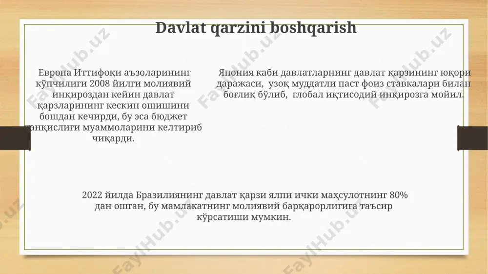 va hindiston kabi rivojlanayotgan iqtisodiyotlarda, muhim ahamiyat kasb etadi. yevropa ittifoqi va aqshning 2030 yilga kelib karbon neytrallikka erishish bo'yicha maqsadlariga erishish uchun amalga oshirilayotgan iqtisodiy siyosatlar global moliyaviy bozorlarga va g20 a'zolarining pul-kredit siyosatiga sezilarli ta'sir ko'rsatishi kutilmoqda. yevropa ittifoqi va aqshning 2030 yilga kelib karbon neytrallikka erishish bo'yicha maqsadlariga erishish uchun amalga oshirilayotgan iqtisodiy siyosatlar global moliyaviy bozorlarga va g20 a'zolarining pul-kredit siyosatiga sezilarli ta'sir ko'rsatishi kutilmoqda. inflyatsiyani nazorat qilish hindistonning rezerv banki 2023-yilning birinchi choragida inflyatsiyani 6,5% darajasida ushlab turish uchun pul-kredit siyosatini biroz qattiqlashtirdi, ammo bu qimmatroq kreditlarga olib keldi. 2022-yilda braziliya markaziy banki inflyatsiyani 10% dan pastga tushirish uchun asosiy stavkani 13,75% gacha oshirdi, bu esa iqtisodiy o'sish sur'atlarini sekinlashtirdi. turkiya inflyatsiyani nazorat qilishda qiyinchiliklarga duch keldi, 2022-yilda inflyatsiya 80% dan oshdi, bu esa mamlakat iqtisodiyotiga salbiy ta'sir ko'rsatdi. muammolar va qiyinchiliklar g20 davlatlarining 2022 yilda yalpi ichki mahsulotining o'rtacha 3% ga kamayishi, inflyatsiyani nazorat …