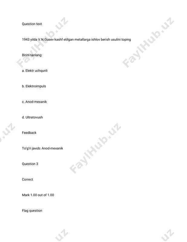 ,roliklarbilanpayvandlash b. anod-mexanikaviy,elektrimpuls,elektruchqun,ultratovushusuli c. diffuzion,sovuqlayin,ishqalanishvositasida,portlovchimoddalaryordamidapayvandlash d. elektryoy,gazlialanga,kavsharlash,termityordamidapayvandlash feedback to̒g̒rijavob:anod-mexanikaviy,elektrimpuls,elektruchqun,ultratovushusuli question 8 correct mark1.00outof1.00 flagquestion questiontext qattiqmateriallargaishlovberishningplazmaoqimibilanishlashqanday birinitanlang: a. buusuloddiysharoitdaishlovberiladi b. barchausullarbilanishlovberiladi c. plazmagorelkalarargon,azotelektrodlaribilanyoyryazryadyordamidaionlashtirilibplazma oqimibilanishlovberiladi d. haroratsi10000-150000clitiniqvayarqillaganoqimliplazmabilanishlovberiladi feedback to̒g̒rijavob:plazmagorelkalarargon,azotelektrodlaribilanyoyryazryadyordamida ionlashtirilibplazmaoqimibilanishlovberiladi question 9 correct mark1.00outof1.00 flagquestion questiontext suvyokimoyliabrazivzarrachalarnikattachastotadaelastiktebranib,zagatovkaningishlanish joyigazarbberishqaysiusulgamansub birinitanlang: a. elektruchqunli b. elektrofizik c. elektrokimyoviy d. ultratovush feedback to̒g̒rijavob:ultratovush question 10 correct mark1.00outof1.00 flagquestion questiontext zagotovkalarniqirindiyo‘nmayqandayishlashmumkin birinitanlang: a. parmalashvafrezalashdastgohlariyordamida b. jilvirlashvanafisishlovberishdastgohlariyordamida c. maxsusasboblarbilan(sharchalar,roliklar)bilanctanokvapresslaryordamida d. universaltokarlik-vintqirqishdasgohlariyordamida feedback to̒g̒rijavob:maxsusasboblarbilan(sharchalar,roliklar)bilanctanokvapresslaryordamida kukunmaterialidanolingandetallarqandaymarkalanadi birinitanlang: a. грс2д5-6,0;жгр3н6д3-4,6пф b. д3гр1-20фр;жгр1-2-пф c. жгрн7д2-6,8;жгр1-20пф d. агрн4д5-5,2;гр2нд3-18пф feedback to̒g̒rijavob:жгрн7д2-6,8;жгр1-20пф question 2 correct mark1.00outof1.00 flagquestion questiontext kukunmateriallaridanbuyumlarolishusullariqatoriniko’rsating birinitanlang: a. shtamplash,prikatlash b. presslash,prokatlash