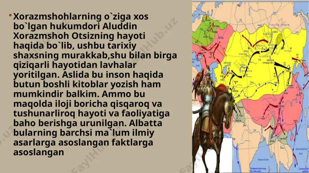 urashgan jadidlarning, yurt fidoiylarining taqdiri bunga yaqqol misol. xoramshoh otsiz hayotida ham xuddi shunday adolatsizliklar mavjud. ulardan eng muhimi xorazmshohlar mustaqilligi yo`lida 18 yillik kurashi(1138-1156-yillar) davomida kechgan zahmatlari(farzandidan ayrilishi,bir necha marotaba sulton sanjarga bosh egishga majbur bo`lishi, turli mag`lubiyatlar va g`alabalar)uchun unga davlatinining mustaqilligi,kuchayishi,tarqqiyotini ko`rish nasib etmadi ko`pchilik xotazmshohlar davlatini o`rganishni 1-o`rinda sulola asoschisi qutbiddin muhammad davridan o`rganish kerak deyishi yoki sulolaning asl mustaqilligini va qudratini ta`minlagan sulton takash davridan boshlash kerak deyishi mumkin. ammo menimcha xorazmshohlar tarixini o`rganishda,uning saljuqiylar qaramligidan qanday mustaqillik tomon qadam qoyib borganligi, qudratli davlatga aylanganligini bilish uchun albatta otsiz va uning hukumronligini o`rganishi tadqiq etishi shart va lozim. chunki qudratli va mustaqil xoramshohlar davlatiga tamal toshini qoyib ketdi va keyingi avlodlari uchun buyuk davlat qurish uni rivojlantirish uchun zamin tayyorladi. xulosa qilib aytganda otsiz buyuk davlatga asos solgan ajdodlariga namuna bo`ldi, yo`l ko`rsatdi, imkoniyat yarat xulosa: men xulosamni tarix fanlari doktori,professor ashraf ahmadning “dunyo o`ta …