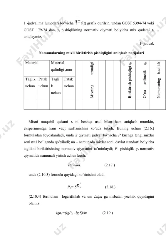 taqqoslanadi.agar natijalar farq qilsa, ular farqlanishining mohiyatini matematik statistika usulida tekshirish tavsiya etiladi. taglikni poyabzalga biriktirganda patak va taglik tayyorlangan materiallar uchun mixni muqobil qadami haqida xulosa qilinadi. birinchi va ikkinchi usullardan foydalanib olingan natijalar ahamiyatli farq qilsa, birinchi usulga yo’nalish kerak. nazorat savollari. 1. arralash texnologik jarayonini mohiyati va qo’llaniladigan uskunalar. 2. jilvirlash texnologik jarayonini mohiyati va qo’llaniladigan uskunalar. 3. hurpaytirish texnologik jarayonini mohiyati va qo’llaniladigan uskunalar. 4. arrashlash, jilvirlash texnologik jarayonlarini bajarishga ta’sir etuvchi omillar. 5. materiallarni tebranuvchi pichoq bilan kesish. oleobject2.bin image1.jpeg image2.jpeg image3.wmf oleobject1.bin image4.wmf = - q п т н