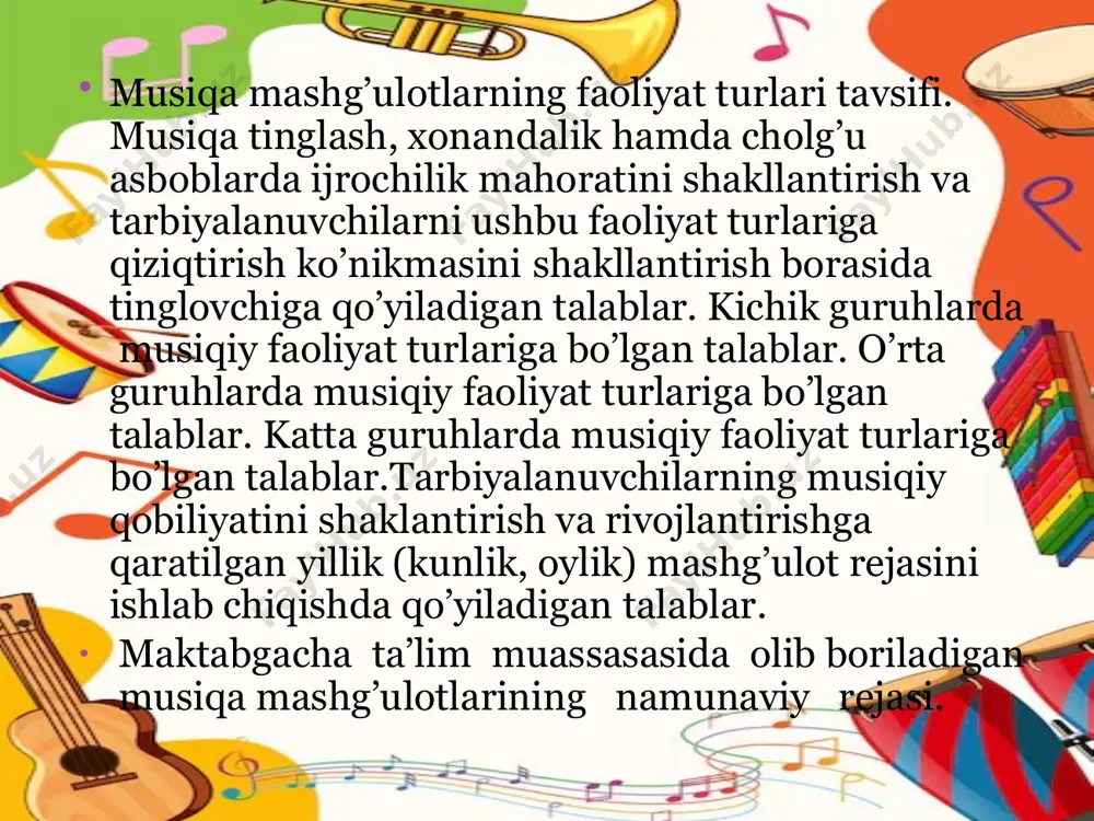 dikasi 4. m.s. muxiddinova —maktabgacha ta'lim tashkilotlarida axborot- kompyuter texnologiyalarini musitsa tarbiyasi vositasi sifatida tsullashning xususiyatlari 2020 yil 5. sh.r.mahkamova —imkoniyati cheklangan bolalar va xar tomonlama etuk avlodni tarbiyalashda musitsaning urni2020 6.m.a.asadullaeva —yoshlarni ma'naviy tarbiyalashda tsushitschilik san'atining tutgan urni 2020 yil image1.png image2.png image3.png image4.png image5.png image6.png image7.jpg image8.png image9.jpg image10.jpg