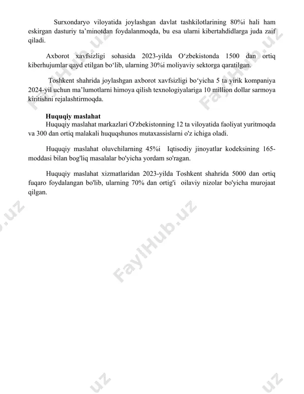 sektorga qaratilgan. toshkent shahrida joylashgan axborot xavfsizligi boʻyicha 5 ta yirik kompaniya 2024-yil uchun ma’lumotlarni himoya qilish texnologiyalariga 10 million dollar sarmoya kiritishni rejalashtirmoqda. huquqiy maslahat huquqiy maslahat markazlari o'zbekistonning 12 ta viloyatida faoliyat yuritmoqda va 300 dan ortiq malakali huquqshunos mutaxassislarni o'z ichiga oladi. huquqiy maslahat oluvchilarning 45%i iqtisodiy jinoyatlar kodeksining 165-moddasi bilan bog'liq masalalar bo'yicha yordam so'ragan. huquqiy maslahat xizmatlaridan 2023-yilda toshkent shahrida 5000 dan ortiq fuqaro foydalangan bo'lib, ularning 70% dan ortig'i oilaviy nizolar bo'yicha murojaat qilgan. 📌xulosa сизга қарши бўлган барча усуллар самарасиз бўлди. ҳаракатларингиз бесамар кетди ва сизнинг мақсадингизга эришиш имконияти йўқолди. кучли рақибга қарши курашиш учун янги стратегия ишлаб чиқиш зарур. 📚foydalanilgan adabiyotlar 1. sizga qarshi vositalar. 2. sizga qarshi choralar. 3. sizga qarshi usullar. 4. sizga qarshi qurollar. 5. sizga qarshi harakatlar. 6. sizga qarshi kurash vositalari. 7. sizga qarshi qo'llaniladigan usullar. 8. sizga qarshi yo'naltirilgan harakatlar. 9. sizga qarshi ishlatiladigan vositalar