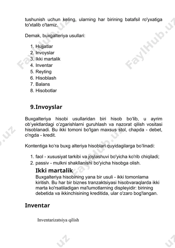 baholanishini hisoblab chiqadi. hisoblash predmeti - bu ob'ekt bo'lib, uning qiymati tashkilotning turli ehtiyojlari uchun zarurdir. korxonaning barcha faoliyati, uning barcha moliyaviy-xo'jalik ob'ektlari va munosabatlari majburiy hisoblab chiqiladi. agar tashkilot biror narsani sotib olsayoki ishlab chiqarish vositalari, ularning tannarxini hisoblash kerak, keyin ishlab chiqarish jarayonida butun jarayonning narxi oshkor bo'ladi. sotishning yakuniy bosqichida ishlab chiqarishning umumiy tannarxi hisoblab chiqiladi va foyda hisoblanadi. shunday qilib, tannarxni hisoblash buxg alteriya hisobidagi eng muhim hisoblash usullaridan biri boʻlib, baholashning zaruriy toʻldiruvchisidir. buxgalteriya balansi buxgalteriya balansi barcha mavjud hisoblarning yakuniy qoldiqlarining yig'indisidir. ushbu buxgalteriya usuli quyidagi jadval shaklida taqdim etilgan: aktiv passiv asosiy vositalar materiallar kassir dastlabki jami ustav fondi foyda bank krediti dastlabki jami yakuniy natija yakuniy natija balansning umumiy qiymati valyuta hisoblanadi. ularning 5 turi mavjud: 1. hisobot - hisobot sanasi uchun summa. 2. kirish - faoliyatning dastlabki bosqichidagi tashkilot hisoblari. 3. tugatish - tashkilot tugatilganda mavjud bo'lgan qoldiq. 4. boʻlinish – …