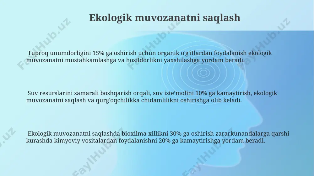 tomchilab sug'orish, suvning bug'lanishini 50% gacha kamaytiradi va o'simliklarga suvni maqsadli yetkazib beradi. suv balansini nazorat qilish va tuproq namligini monitoring qilish orqali, suv iste'molini 25% gacha optimallashtirish va suv stressini kamaytirish mumkin. zararkunandalar va kasalliklarga qarshi kurash zararkunandalarga qarshi kurashda integratsiyalashgan yondashuv, kimyoviy vositalardan foydalanishni 30% ga kamaytirish va hosildorlikni 15% ga oshirishga yordam beradi. biologik vositalardan foydalanish, kimyoviy preparatlarga nisbatan 2 barobar kam zaharli bo'lib, atrof-muhitga salbiy ta'sirini 70% ga kamaytiradi. kasalliklarning oldini olish uchun 5 ta asosiy profilaktik choralarni qo'llash, ekinlarning 80% ini zararkunandalardan va kasalliklardan himoya qilishga imkon beradi. e'tiboringiz uchun rahmat @taqdimot_robot image1.png