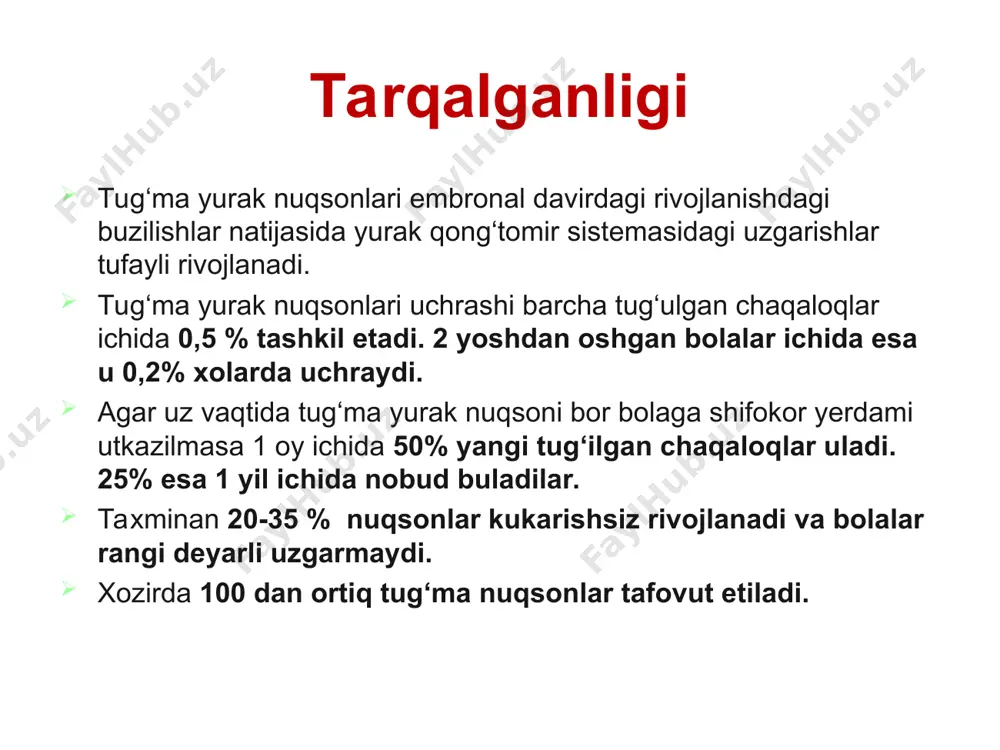iya markazida yurak xirurgiyasi bulimi tashkil qilingan va unga darvin sadыkovich gulyamov raxbarlik qilgan. bulim 2 qisimdan – tug‘ma va ortirilgan yurak nuqsonlari qisimlardan iborat bulgan. o‘zbekistonda yurak xiruriyasiga fundament shu tariqa tashkil topgan. yurak tug‘ma nuksonlari 3 xil guruxi farklana birinchi gurux — yurak ichidagi arterial konni venoz okimiga okishi bilan kuzatiladigan tugma nuksonlar (chapdan o‘nga, birlamchi-ok nuksonlar) — bo‘lmachalar aro tusik nuksoni, korinchalar aro tusik nuksoni, ochik arterial yo‘l, aorta-o‘pka okmasi, bo‘lmachalar aro devor nuksoni mitral stenozi bilan. ikkinchi gurux — yurak ichidagi venoz konni arterial kon okimiga okishi bilan kuzatiladigan nuksonlar (o‘ngdan chapga, birlamchi-ko‘k). bu guruxga — fallo uchligi, tetradasi va pentadasi, uchtabakali kopkokni atreziyasi, magistral tomirlarni transpozitsiyasi kiradi uchinchi gurux — yurak magistral arteriyalarining torayishi bilan kuzatiladigan to‘gma nuksonlar: o‘pka arteriyasining stenozi, aorta stenozi, aorta koarktatsiyasi. tugma nuksonlar fallo tetradasi kukrak bukriligi maxsus tekshiruv usullar exokardiografiya rentgenografiya kt mrt yurak kameralarini zondlash angiokardiografiya tekshirish usullari kardioangiografiya …