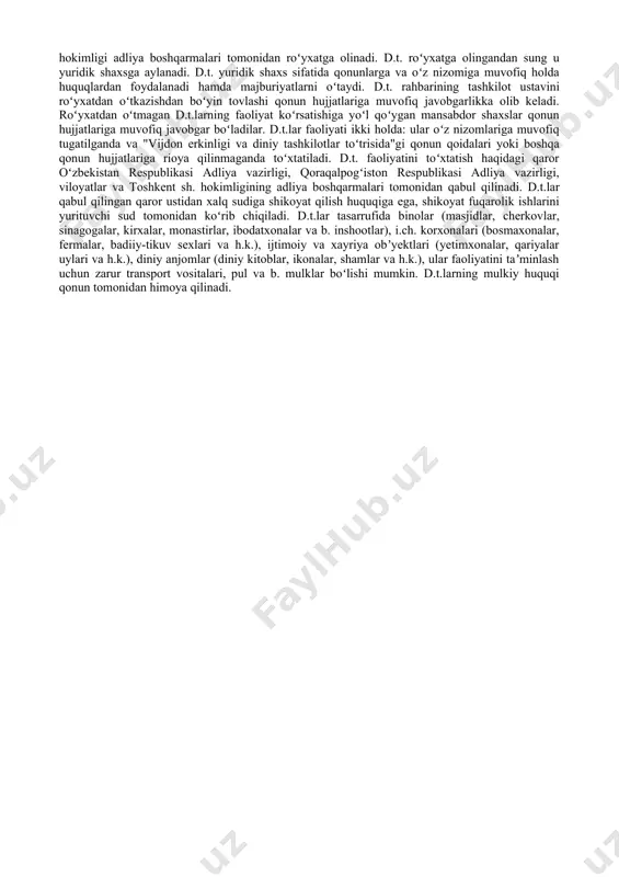 ir shaxsning ajralmas huquqlaridan biridir. shaxsning tabiiy huquqlari davlatning insonga bergan “tuhfasi” emas, balki insonning munosib turmush va hayot tarzini tanlash bilan bog'liq real imkoniyati hisoblanadi. shu bilan birga, tabiiy huquqlar jumlasiga kiruvchi erkinliklarni qonun chiqaruvchi o'zi xohlaganda qisqartirishi yoki cheklashga ham haqli emas. chunki bu huquqlar tabiiy ravishda insonlarga berilgan in'om sanaladi. vijdon erkinligi ham xuddi shunday. vijdon erkinligi insonning asosiy erkinliklaridan bo'lsa-da, qonunda o'z ifodasini topib, muhofaza ostiga olingandagina chin ma'noda huquq darajasiga ko'tariladi. aks holda shaxsning qalb kechinmalarini ifodolovchi bu huquq haqiqiy ma'nosini yo'qotadi. bu erkinlik deyarli barcha davlatlarning konstitutsiya va qonunlarida, shuningdek, qator xalqaro hujjatlarda huquqiy jihatdan himoyaga olingan. diniy tashkilot - diniy ehtiyojlarni birgalikda qondirish yoki qondirishga koʻmaklashish maqsadida tuziladigan va diniy marosimlarni ado etish asosida ish koʻradigan ixtiyoriy, teng huquqli va oʻz-oʻzini boshqaruvchi uyushma. ayni vaqtda u fuqarolarning vijdon erkinligini kafolatlovchi tuzilmalardan hisoblanadi. d.t.larning taʼlimoti, tarixiy anʼanalari, diniy uyushmalar tuzilishida tutgan oʻrni va roli …