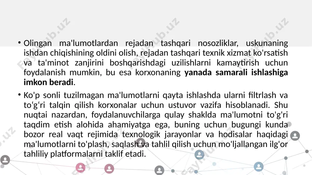 jlanishi mumkin. axborotni boshqarish va qayta ishlash texnologiyalari nuqtai nazaridan ushbu o'zgarishlar quyidagilardan iborat: abt dasturiy mantig'ini o'zaro ta'sir qiluvchi bulut xizmatlari sifatida amalga oshirish (“boshqaruv buluti”, “iot platformasi”); qat'iy ierarxik tarzda qurilgan ma'lumotli izolyatsiyalangan avtomatlashtirilgan boshqaruv tizimlaridan to'g'ridan-to'g'ri, shaxs ishtirokisiz va oraliq avtomatlashtirilgan boshqaruv tizimlariga o'tish, boshqaruv ob'ektlarini "boshqaruv bulutiga" ulash. ochiq amaliy dasturlash interfeyslari (application programming interface, api) mexanizmidan foydalanib, ulangan qurilmalar va tizimlarga oʻzgartirishlar kiritmasdan turib, istalgan qurilmalar va har qanday avtomatlashtirilgan boshqaruv tizimlarini “boshqaruv buluti”ga ulash mumkin. tayyor shablonlardan foydalangan holda va ular yo'q bo'lganda o'rnatilgan dasturiy ta'minotni ishlab chiqish vositalaridan foydalangan holda "boshqaruv buluti"ga taqdim etilgan ishlov berish mantiqini amalga oshirish imkoniyati mavjud. iot tamoyillariga o‘tishda to‘liq avtomatlashtirilgan jarayonlar tovar va xizmatlar ishlab chiqaruvchilar va ularning iste’molchilari o‘rtasidagi o‘zaro munosabatlarning barcha turlarini qamrab olishi mumkin. bular, masalan, transport va transport infratuzilmasini boshqarish, kommunal infratuzilmani boshqarish, sanoat ishlab chiqarish va mahsulotlarni ishlatish jarayonlari, xavfsizlik va boshqalar. …