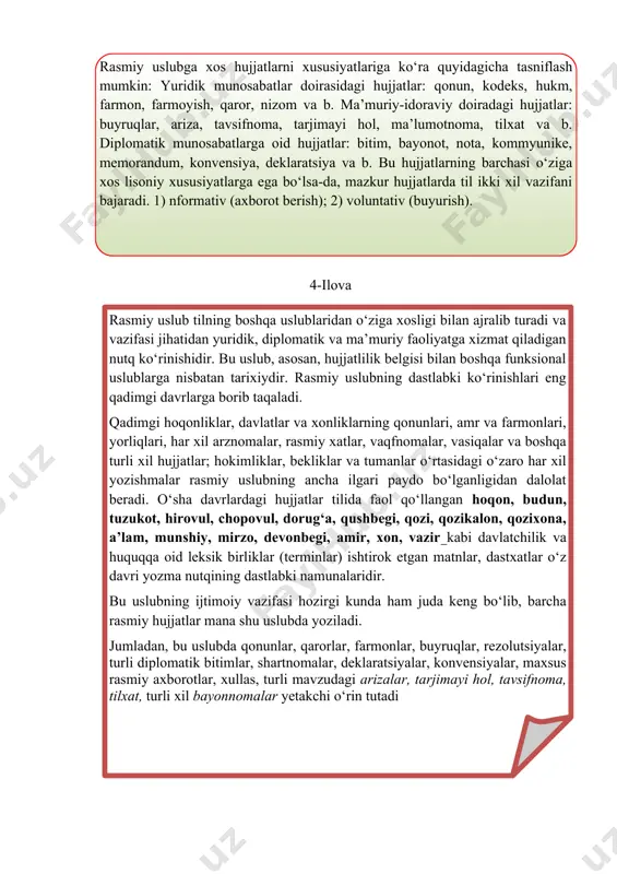 gi, amir, xon, vazir kabi davlatchilik va huquqqa oid leksik birliklar (terminlar) ishtirok etgan matnlar, dastxatlar o‘z davri yozma nutqining dastlabki namunalaridir. bu uslubning ijtimoiy vazifasi hozirgi kunda ham juda keng bo‘lib, barcha rasmiy hujjatlar mana shu uslubda yoziladi. jumladan, bu uslubda qonunlar, qarorlar, farmonlar, buyruqlar, rezolutsiyalar, turli diplomatik bitimlar, shartnomalar, deklaratsiyalar, konvensiyalar, maxsus rasmiy axborotlar, xullas, turli mavzudagi arizalar, tarjimayi hol, tavsifnoma, tilxat, turli xil bayonnomalar yetakchi o‘rin tutadi ) 5-ilova ( foydalanilgan adabiyotlar 1. karimov i.a. vatan sajdagoh kabi muhaddasdir.t ., o’zbekiston , 1996,t . 2.karimovi.a . o’zbekiston : milliy istiqlol , iqtisod ,siyosat,mafko’ra . t.o’zbekiston , 1993 . 3. azizho’jaev a.a. davlatchilik va ma'naviyat.t . 1997. 4. saidov a.tajihonov u. yuristning yozma nutqi . t.1 “ adolat ” 2001. 5. teoriya gosudarstva i prava m. 1994. 6. islomov z. yuristning yozma nutqi . ma'ru’zalar matni.t.universitet.2000 y. 7. karimova o., hafforov z. davlat va huquq asoslari t. ,o’hituvchi.1995 …