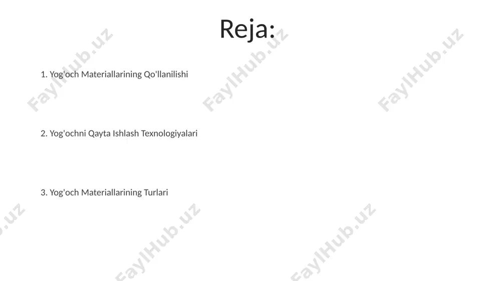a injeneriya yog'ochi (masalan, kontrplak, mdf). ularning har biri o'ziga xos xususiyatlarga ega. yog'ochning mexanik xususiyatlari, jumladan, egiluvchanlik, kuchlanish va siqilish kuchi, turli xil turlar orasida sezilarli darajada farq qiladi. bu xususiyatlarni bilish loyihalashda juda muhimdir. yog'och materiallarining zichligi 400 dan 1000 kg/m³ gacha o'zgarib turadi, bu esa turli xil qo'llanmalar uchun mos keladigan xususiyatlarni ta'minlaydi. masalan, qattiq daraxt turlari yuqori zichlikka ega. e'tiboringiz uchun rahmat @taqdimot_robot image1.jpeg image2.jpeg