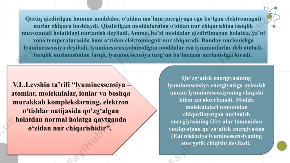 va fosforessensiya spektrlari keltirilgan. 1.3.2-rasm. fenantrenni lyuminessensiya qo‘zg‘atuvchi (a), fluoressensiya (b) va fosforessensiya (c) spektrlari. moddalarning nurlanishni yutishi kabi lyuminessensiyaga moyilligi ham ularning elektron tuzilishi bilan bog‘liq. masalan, agar organik molekulaning quyi qo‘zg‘algan singlet holati   o‘tish bilan bog‘liq bo‘lsa, ko‘pincha uning fluoressensiyasi va fosforessensiyasi ham intensiv bo‘ladi. xuddi shunday holatlarda, ya’ni quyi, qo‘zg‘algan singlet holat   o‘tish natijasida paydo bo‘lsa, bunday holda molekula odatda fluoressensiya chiqishi kichik bo‘ladi, lekin, past temperaturada yuqori fosforessensiya chiqishiga ega bo‘lishi mumkin 1.3.3-rasm metallarning xelatlarida singlet (s0, s1), triplet (t1) va atom (a) elektron sathlarining nisbiy joylashuvi. taxminiy tayyorlangan naoh eritmasini xlorid kislotasining standart eritmasi bilan lyuminessent indikator yordamida titrlash taxminiy tayyorlangan 1,0 n li naoh eritmasidan 25 ml olib 250 ml li o‘lchov kolbasiga solinadi, tamg‘asigacha suv solib suyultiriladi va aralashtiriladi. 50 ml li byuretka naoh ning taxminiy tayyorlangan 0,1 n eritmasi bilan 2-3 marta chayiladi va shu eritma bilan to‘ldiriladi. …