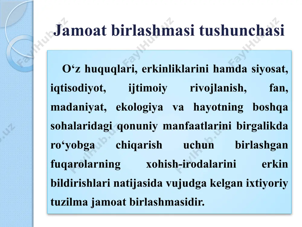ashmalarini mablag‘ bilan ta’minlash va ular daromadlarining manbalarini, ular olgan mablag‘ miqdorini va soliqlar to‘g‘risidagi qonunchilikka muvofiq soliq to‘lanishini nazorat qilib boradilar. jamoat birlashmalarining qonunlarni bajarishini prokuratura idoralari nazorat qilib boradilar. jamoat birlashmasi ustavini ro‘yxatga olgan o‘zbekiston respublikasi adliya vazirligi va uning joylardagi idoralari jamoat birlashmasi faoliyatining maqsadlariga taalluqli ustav qoidalariga rioya etilishini nazorat qiladi. jamoat birlashmalari faoliyatining to‘xtatilishi jamoat birlashmalarining faoliyati ularni qayta tashkil etish (qo‘shilish, birlashish, ajralish) yoki tugatish yo‘li bilan to‘xtatilishi mumkin. javobgarlik asoslari jamoat birlashmalari to‘g‘risidagi qonunchilikni buzish amaldagi qonunchi-likka muvofiq jinoiy, ma’muriy, moddiy yoki o‘zga javobgarlikka sabab bo‘ladi. xalqaro jamoat birlashmalari agar o‘zbekiston respublikasida tuzilgan jamoat birlashmasining faoliyati ustavga muvofiq o‘zbekiston respublikasi hududida va bitta yoki undan ko‘proq xorijiy davlat hududida amal qilsa, u xalqaro jamoat birlashmasi deb e’tirof etiladi. e’tiborlaringiz uchun tashakkur image2.jpg image3.jpg image4.jpg image5.jpg image6.jpg image7.jpg image8.jpg image9.jpg image10.jpg image11.jpg image12.jpg image13.jpg image14.jpg image15.jpg /docprops/thumbnail.jpeg