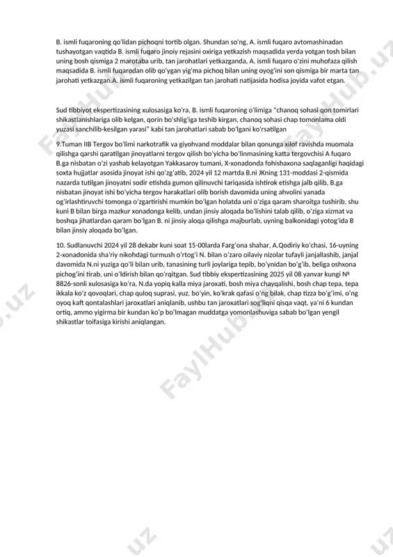 miga urib-do‘pposlashgan. 4.a.2024 yil 22 mart kuni soat taxminan 23.00 larda mast holatda toshkent shahar mirzo ulug‘bek tumani buyuk ipak yo‘li ko‘chasida joylashgan 427a-uyning oldida, o‘zaro kelib chiqqan janjal oqibatida poyafzal ustasi pichog‘i bilan mast holatda bo‘lgan b.ni bo‘yin old chap yon yuzasiga bir marotaba sanchib-kesilgan tan jarohatiyetkazgan. natijada b. tez tibbiy yordam mashinasida shifoxonaga olib ketilayotgan vaqtda yo‘lda vafot etgan. sud-tibbiy ekspertizaning 05.04.2024 yildagi 312-sonli xulosasiga ko‘ra, b. o‘limiga sabab «buyin qon tomirlari va mushaklari shikastlanishiga olib kelgan bo‘yin chap tomoniga sanchib-kesilgan yarasi oqibatida kelib chiqqan o‘tkir qon yo‘qotishi va ichki a’zolar kam qonligi» sabab bo‘lgan. 5.a ismli shaxs xususiy tarzda fuqarolarning uylarida taʼmirlash ishlarini bajarib kelib, o‘ziga shogird b ismli shaxs bilan toshkent shahar chilonzor tumani muayyan bir manzilda ustachilik qilib kelishgan. 08.10.2024 yilda s o‘zining ustachilik ish jarayonida foydalanib kelgan o‘ziga tegishli bo‘lgan elektr parmalagich(perforator)ni ishlatish jarayonida undan foydalanayotganda hovlida bo‘lgan b ismli shaxs (ya’ni shogirdi) perforatorning …