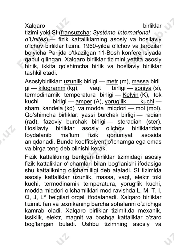 ʻzbekcha fransuzcha/inglizcha oʻzbekcha xalqaro uzunlik l metr mètre/metre m massa m kilogramm[1] kilogramme/kilogram kg vaqt t soniya seconde/second s tok kuchi i amper ampère/ampere a termodinamik harorat θ kelvin kelvin k modda miqdori n mol mole mol yorugʻlik kuchi j kandela candela kd cd hosil boʻlgan oʻlchov birliklari.hosil boʻlgan oʻlchov birliklari asosiy oʻlchov birliklarini ustida oshirilgan matematik amallar natijasida yuzaga kelgan. hosil boʻlgan oʻlchov birliklari kattaliklar oʻlchov birliklar belgilanishi ifodasi oʻzbekcha nomlanishi xalqaro nomlanishi oʻzbekcha xalqaro yassi burchak radian radian rad m·m−1 = 1 hajmiy burchak steradian steradian sr m²·m−2 = 1 harorat (selsiy shkalasi boʻyicha) selsiy darajasi degree celsius °c k chastota gers hertz gs hz s−1 kuch nyuton newton n kg·m/s² energiya joul joule j n·m = kg·m²/s² quvvat vatt watt vt w j/s = kg·m²/s³ bosim paskal pascal pa n/m² = kg·m−1·s−2 yorugʻlik oqimi lumen lumen lm kd·sr yorugʻlik lyuks lux lk lx lm/m² = kd·sr·m−2 elektr …