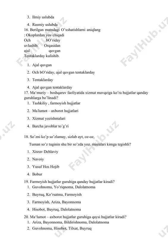 orqali orttirilgan bilimi 36. «ma‘ruza» so’zining ma‘nosi? a) axborot b) hisobot c) biror mavzuda ko’pchilik oldida so’zlangan nutq, doklad d) tezisning bir ko’rinishi 37. ilmiy ma‘ruza uchun qancha vaqt ajratiladi. a) 4-5 minut b) 5-6 minut c) 7-8 minut d)9-10 minut 38. ilmiy axborot nima? a) hisobot b) ma‘ruza c) muayyan sohadagi eng yangi yutuq va xulosalarning ilmiy daragi d) ma‘lumot 39. ilmiy axborot uchun qancha vaqt ajratiladi? a) 10-15 minut b) 10-20 minut c) 8-9 minut d) 5-7 minut 40. «tezis»so’zining ma‘nosi nima va uning matni hajmi qanchagacha bo’ladi? a) grekcha so’z, tasdiqlayman,2 betgacha b) forscha so’z, ma‘lum kilaman, 4 betgacha c) ruscha so’z, axborot, 3 betgacha d) farangcha so’z, xabar beraman, 2 betgacha 41. ‘taqriz’ qaysi tilning atamasi va u qanday ma‘nolarni beradi? a) arabcha so’z, ‘bayon qilish, so’zlash, tasdiqlash’ ma‘nolarini beradi b) tojikcha so’z, ‘asarning qimmatini belgilash’; c) forscha so’z, ‘asarni tahlil etish’; d) forscha - tojikcha …