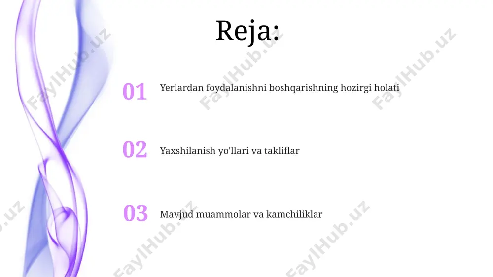 ngi sug'orish texnologiyalarini qo'llash va yerning tuproq unumdorligini oshirish bo'yicha tadqiqotlar o'tkazish zarur. surxondaryo viloyatining cho'l hududlarida 5000 ga yaqin gektar yerni rekultivatsiya qilish va o'simliklarni ekish orqali cho'llanish jarayonini sekinlatish va ekologik muvozanatni saqlash bo'yicha milliy dastur ishlab chiqish taklif etiladi. mamlakatdagi yerlardan foydalanishni boshqarishning hozirgi holati qoraqalpogʻiston respublikasida 2023 yilda yerlarning 40% dan ortigʻi qishloq xoʻjaligi maqsadlarida ishlatilgan boʻlsa-da, unumdorligi past boʻlgan yerlarning ulushi 15% ni tashkil etadi. toshkent viloyatida yerlarning 60% dan koʻprogʻi paxta va bugʻdoy etishtirishga ajratilgan, bu esa biologik xilma-xillikni kamaytiradi va yerning unumdorligini pasaytiradi. oʻzbekistonning janubiy hududlarida, masalan, surxondaryo viloyatida, yerlarning choʻlga aylanishi jarayoni kuchayib, 2022 yilda 1000 ga yaqin gektar unumdor yerlar yoʻqolgan. e'tiboringiz uchun rahmat @taqdimot_robot image1.jpeg image2.jpeg image3.jpeg