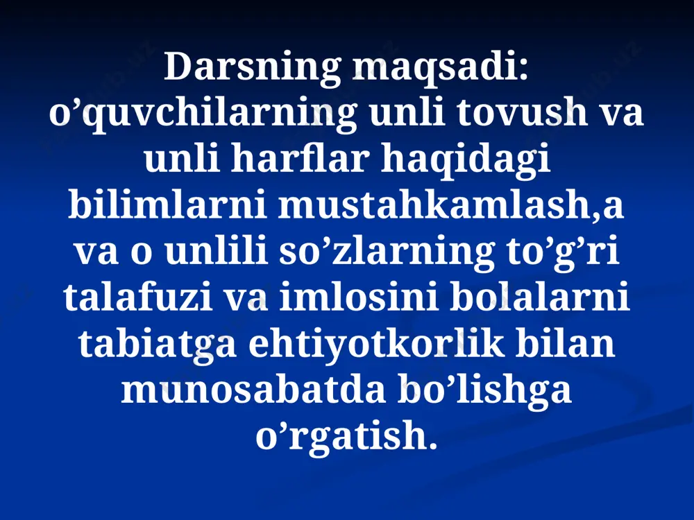 i bilib kelish, husnixat bilan yozish aytiladi. 8.darsda o’ganilganlarni umumlashtirish:a unlisi so’zlarda qanday talaffuz qilinishi kerak?o unlisichi? qaysi so’zlarning yozilishini bilib oldik? qaysi so’zlarning to’g’ri talaffuzini o’gandik? unli tovushlar nechta ekan? kesma harflar ichidan olib ko’rsating. /docprops/thumbnail.jpeg